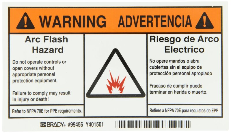 Brady 99456 3.5" x 6", B-302 High Performance Polyester, Black and Orange on White Arc Flash Label