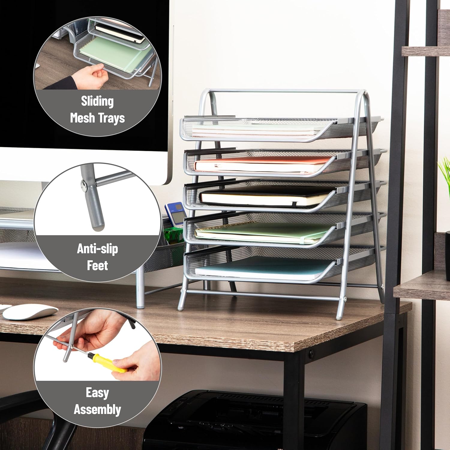 MIND READER 5-Tier Paper Tray Organizer, Metal Mesh Desktop File Storage