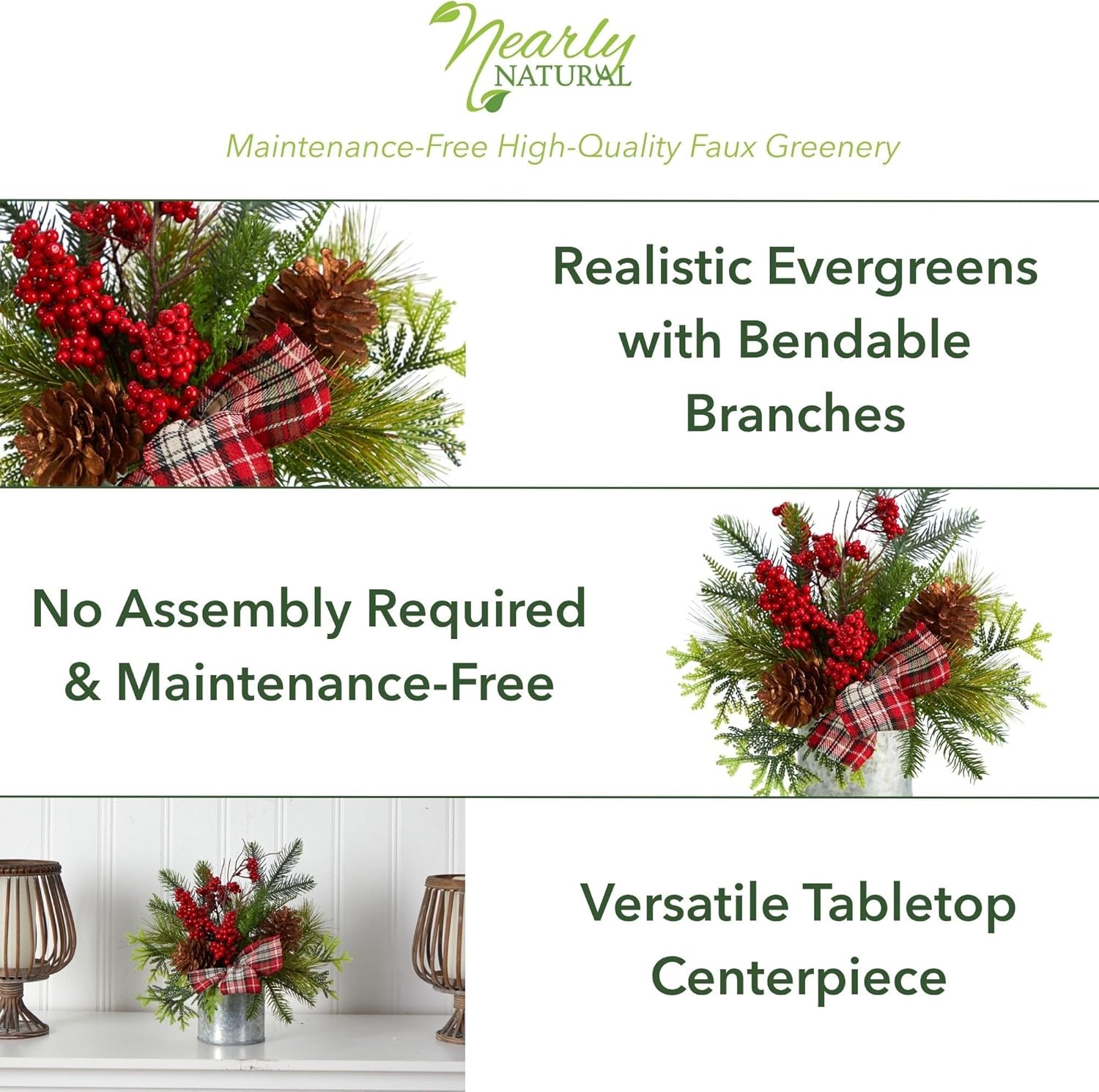 Nearly Natural 12in. Holiday Winter Pinecones, Berries, Greenery and Plaid Bow Artificial Christmas Table Arrangement 10 In