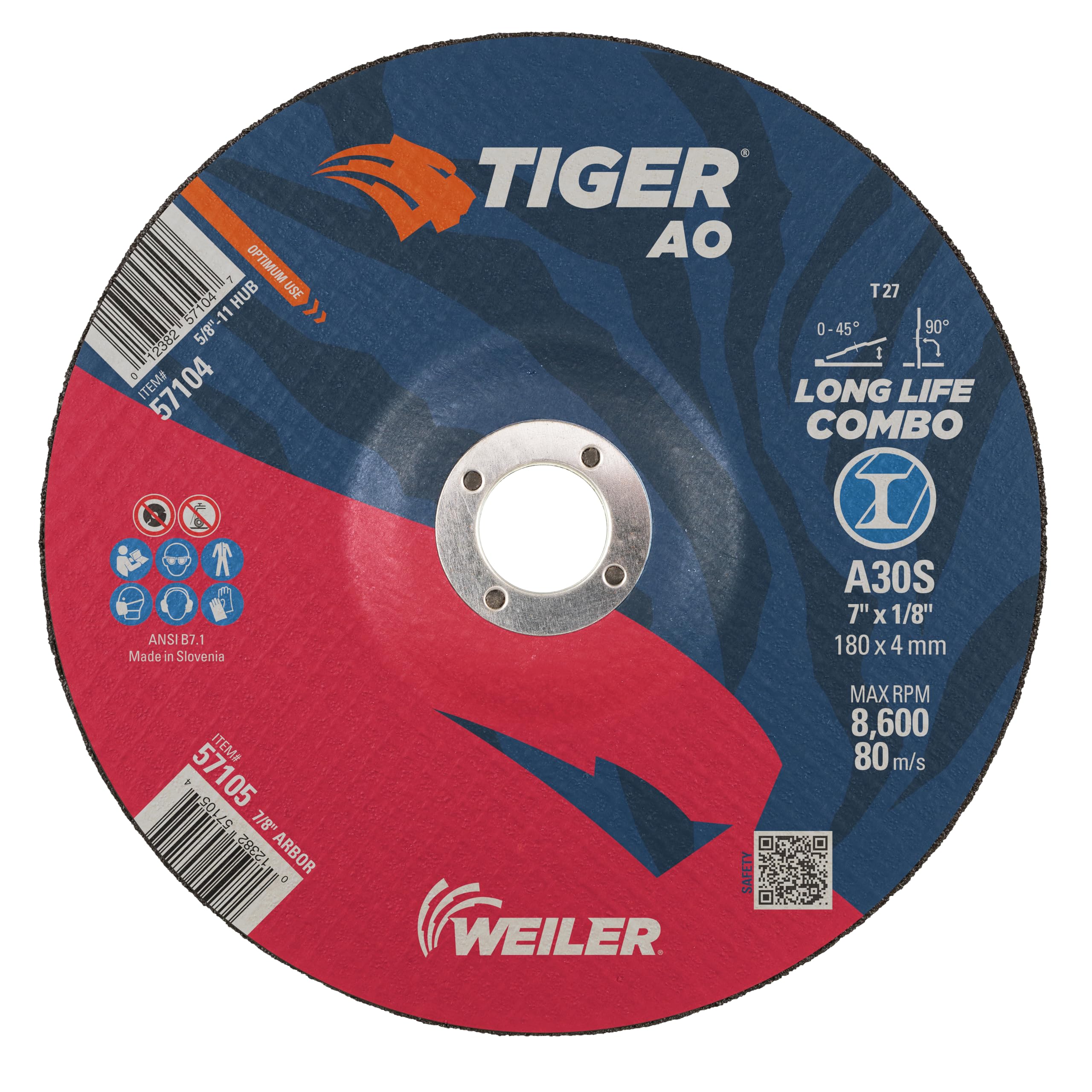 WEILER 7" x 1/8" Tiger Type 27 Cut and Grind Combo Wheel A30S