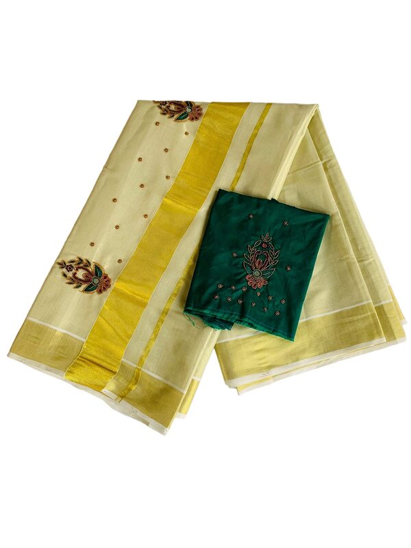 ALLUVY Kuthampully Kerala Kasavu Sarees For Women | Handcrafted Aari work Kerala Sarees | Tissue Onam Saree With Running Blouse | South Indian Sarees | Women's Zari Kasavu | EKM-597 (Green)