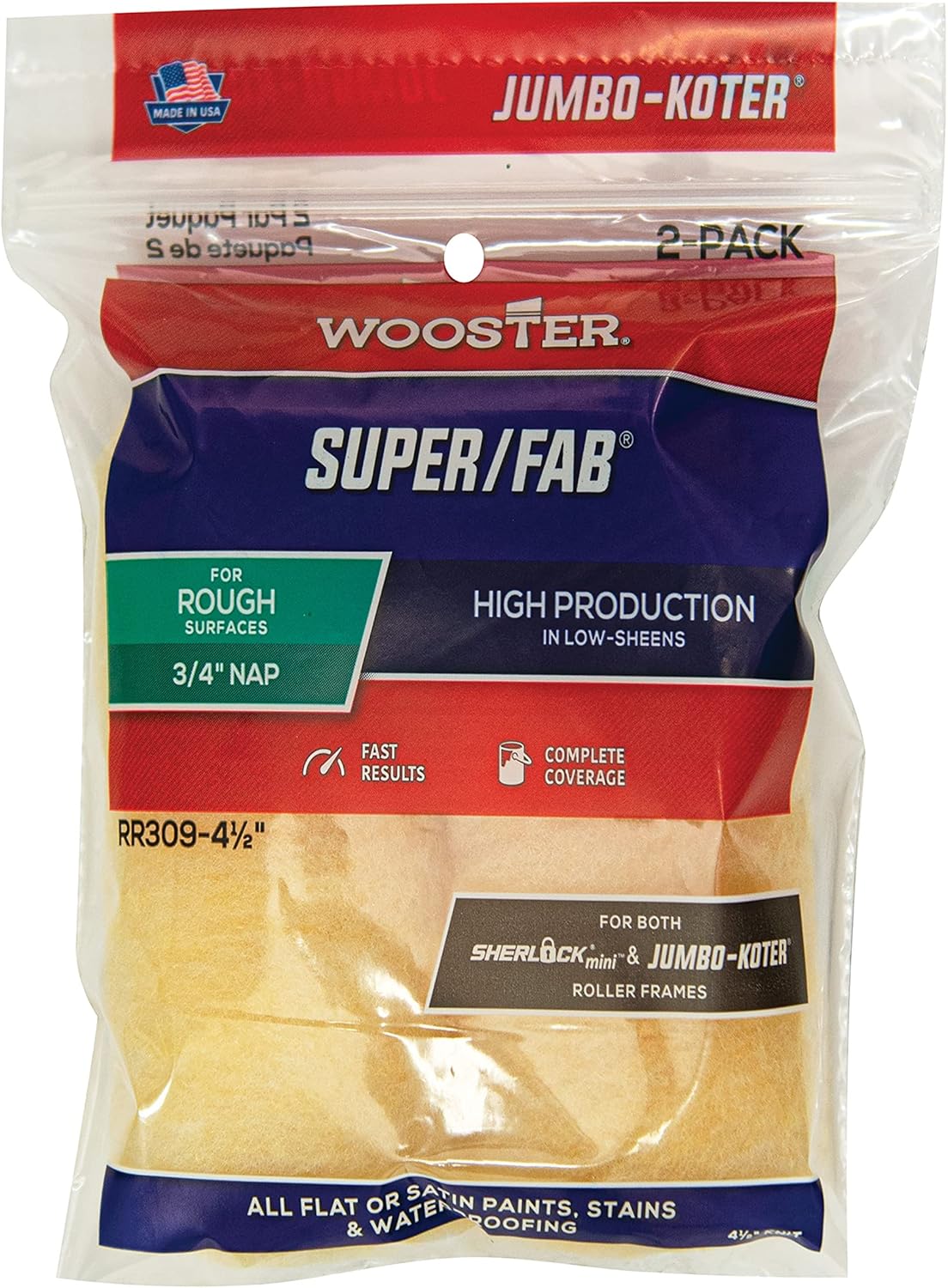 Wooster RR309-4 1/2 Brush RR309-4-1/2 Jumbo-Koter Super/Fab Roller 3/4-Inch Nap, 2-Pack, 4-1/2-Inch, 4 1/2-Inch