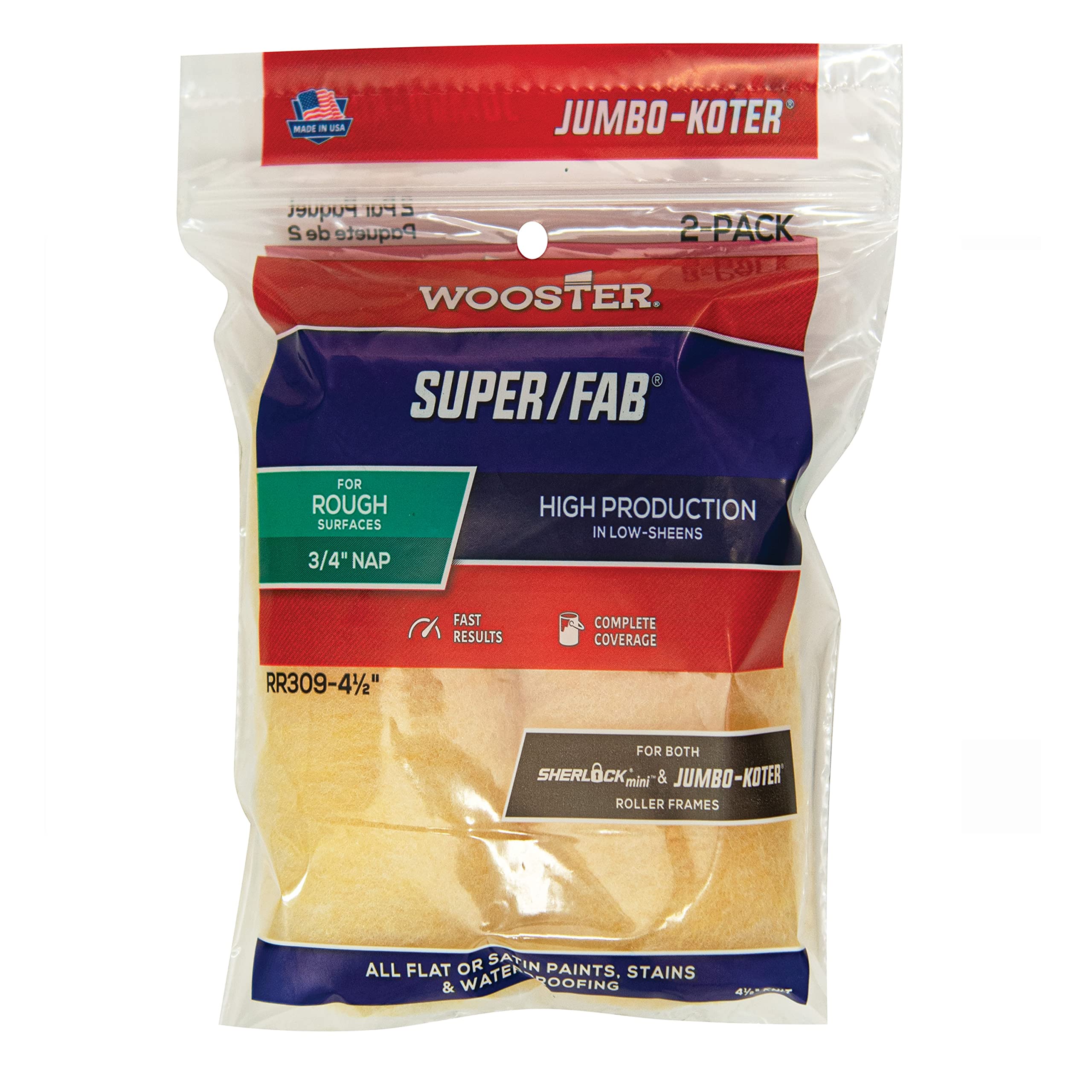Wooster RR309-4 1/2 Brush RR309-4-1/2 Jumbo-Koter Super/Fab Roller 3/4-Inch Nap, 2-Pack, 4-1/2-Inch, 4 1/2-Inch