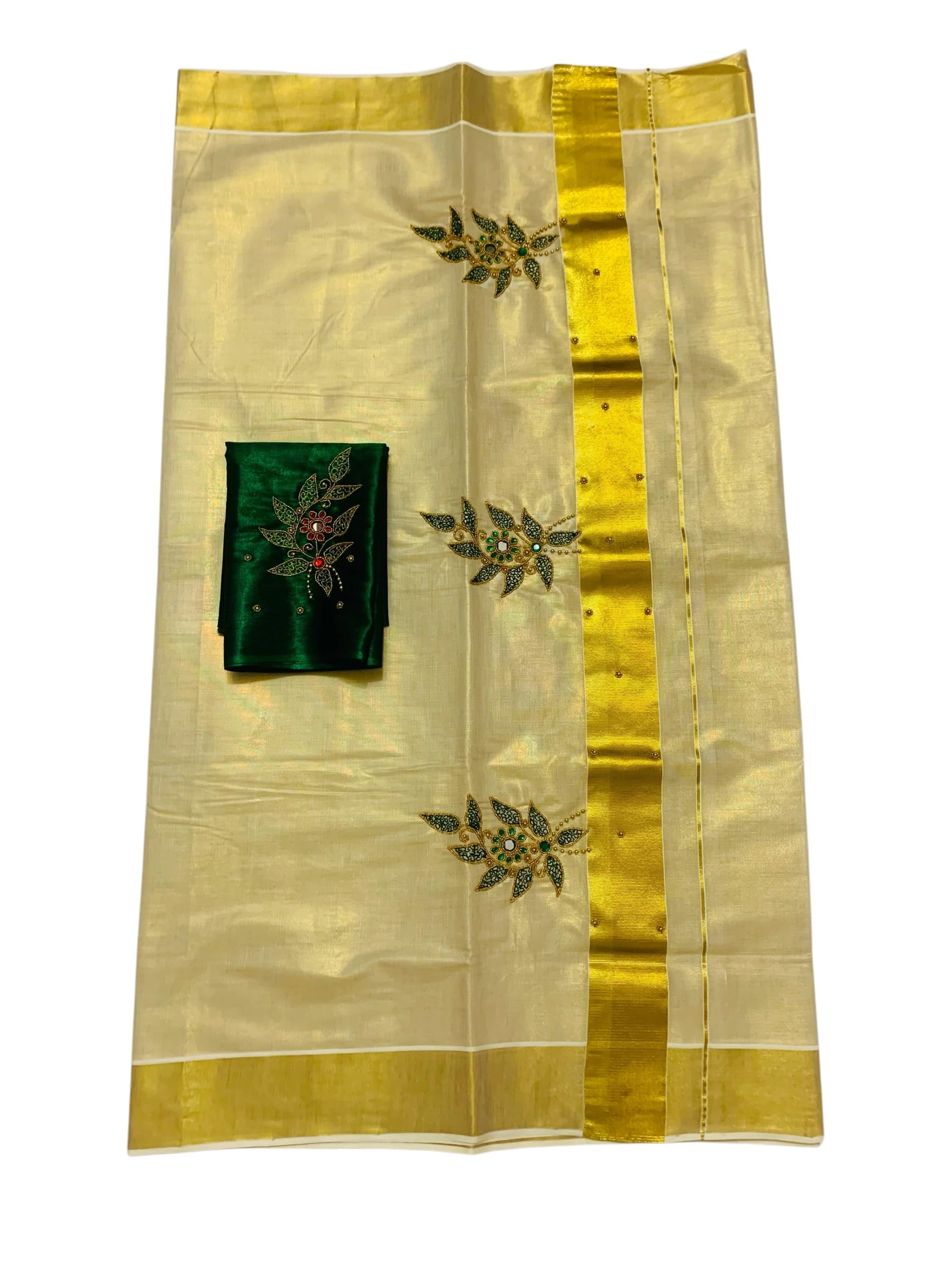 Kuthampully Kerala Kasavu Sarees For Women | Handcrafted Aari work Kerala Sarees | Tissue Onam Saree With Running Blouse | South Indian Sarees | Onam Saree EKM-861 (Dark Green)