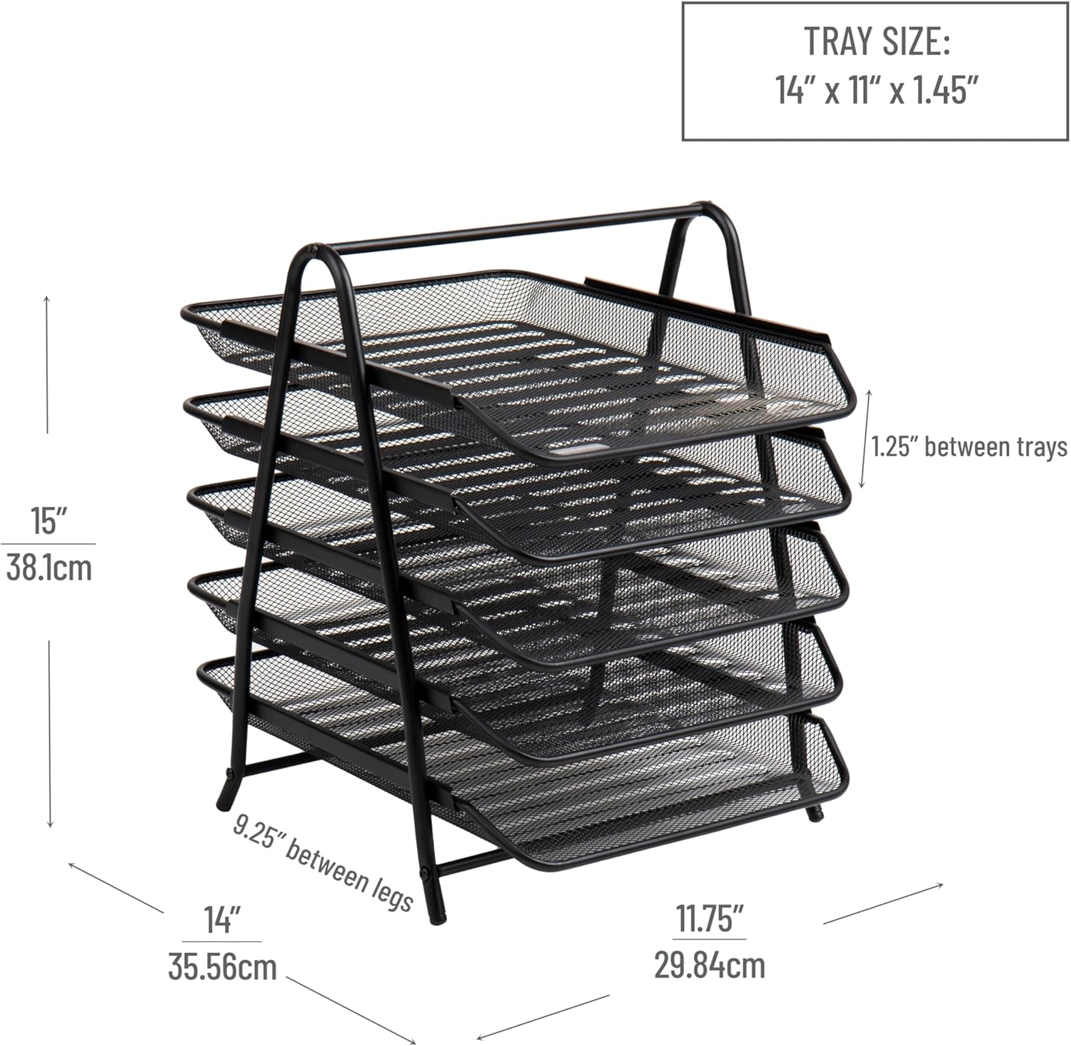 Mind Reader 5-Tier Paper Tray, Desktop Organizer, File Storage, Office, Metal Mesh, 11.75"L x 14"W x 14.5"H, Black
