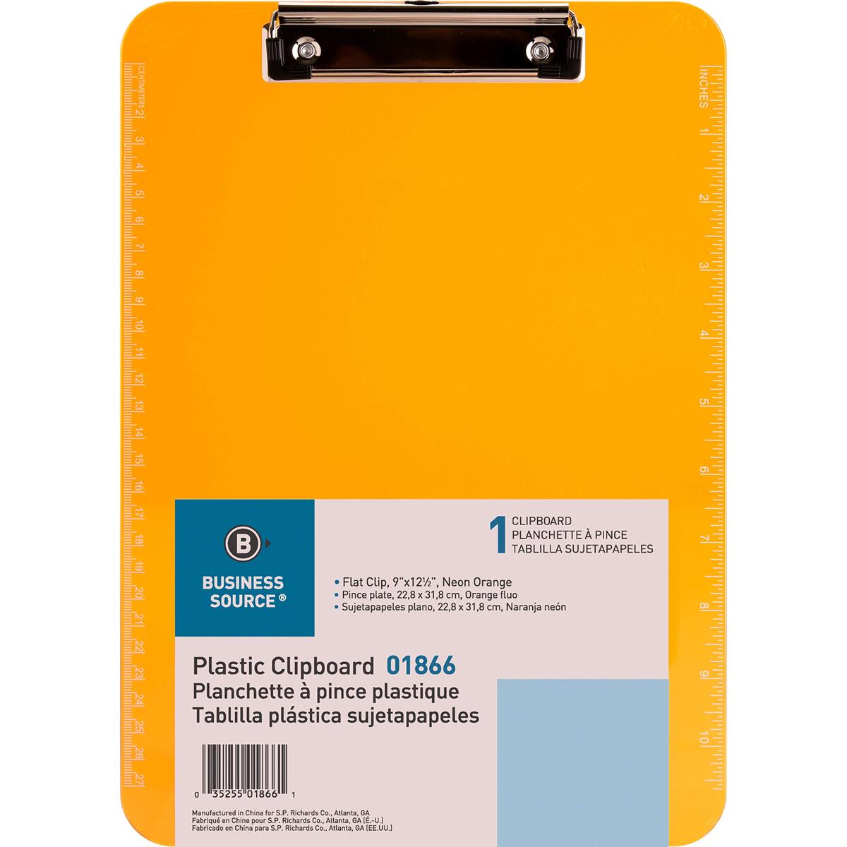 Business Source Sparco Products 01866 Plastic Clipboard,w/Flat Clip,9-Inch x12-Inch,Neon Orange