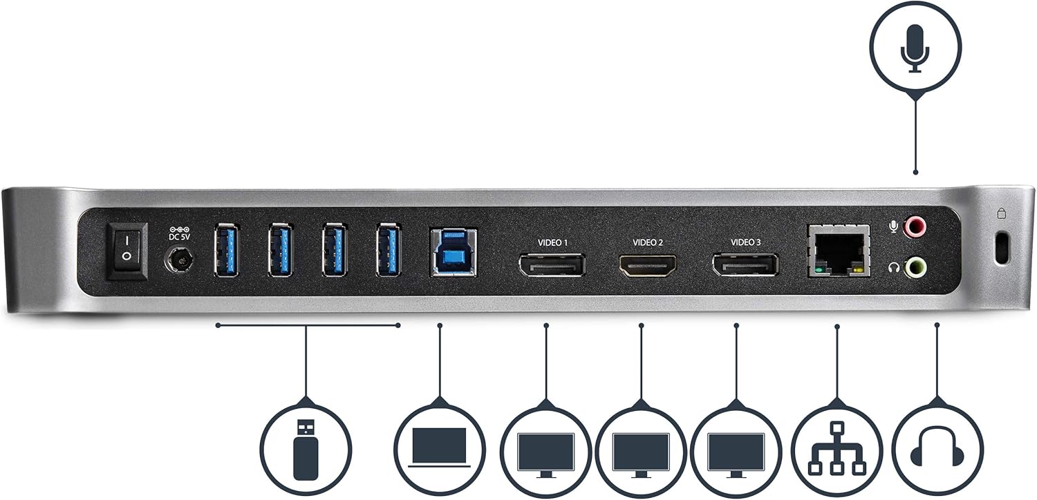 StarTech.com Triple Monitor USB 3.0 Docking Station, 2x 4K DisplayPort & HDMI, USB Type A Universal Laptop Dock, Windows/Mac