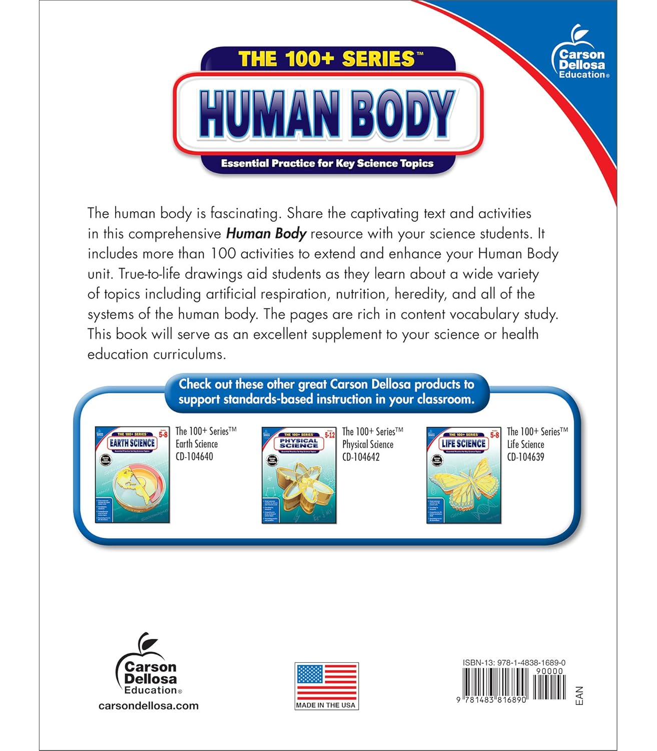 Carson Dellosa The 100+ Series: Human Body WorkbookGrades 5-8 Science Book, Human Anatomy, Bones, Muscles, Organs