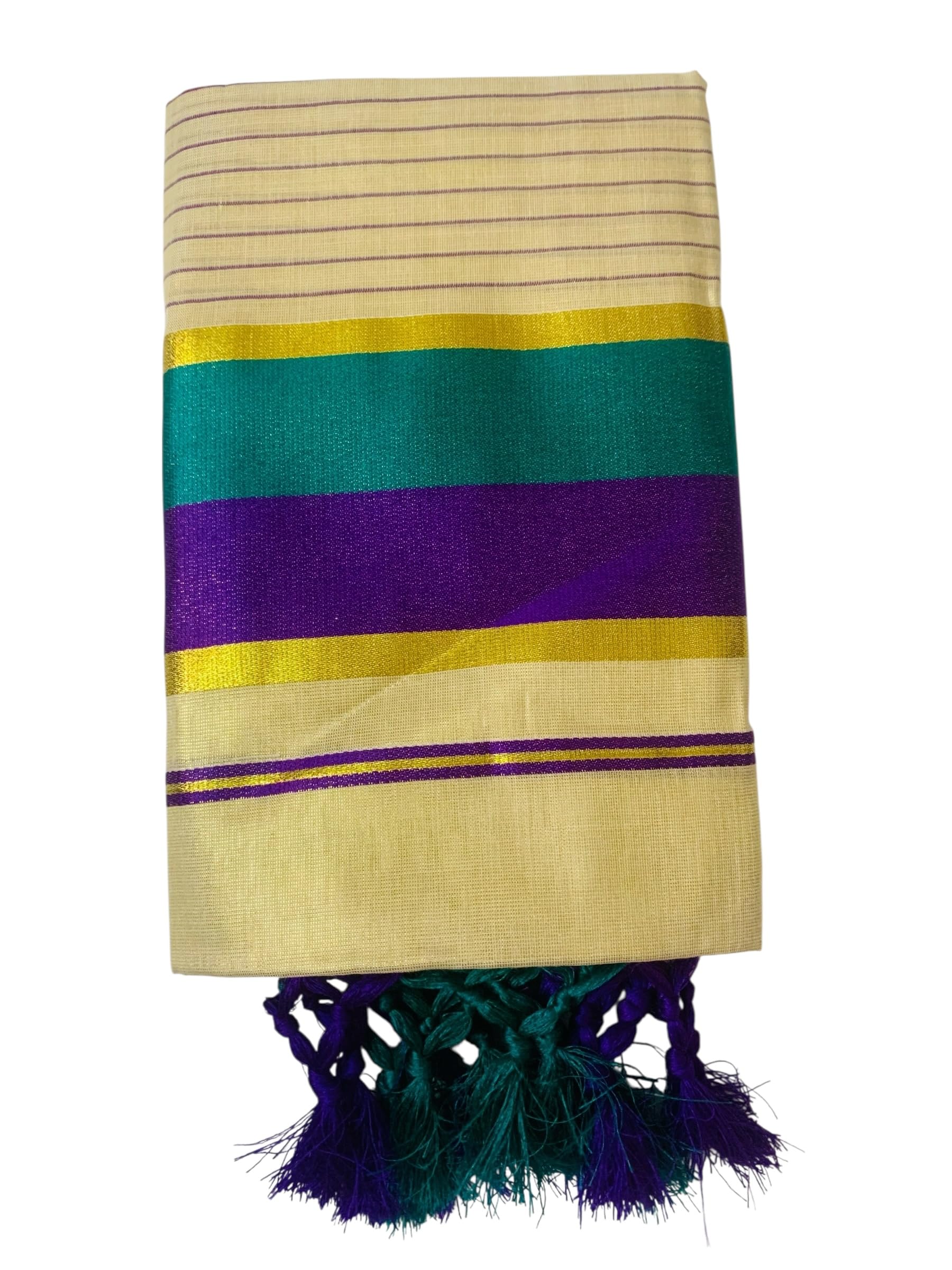 Women's Kuthampully Kerala Kasavu Set mundu Tissue with Kunjam | Kerala Tissue set mundu latest collections | Kuthampully Stripe Kasavu set mundu - Multi Color KTM-902 (Purple)