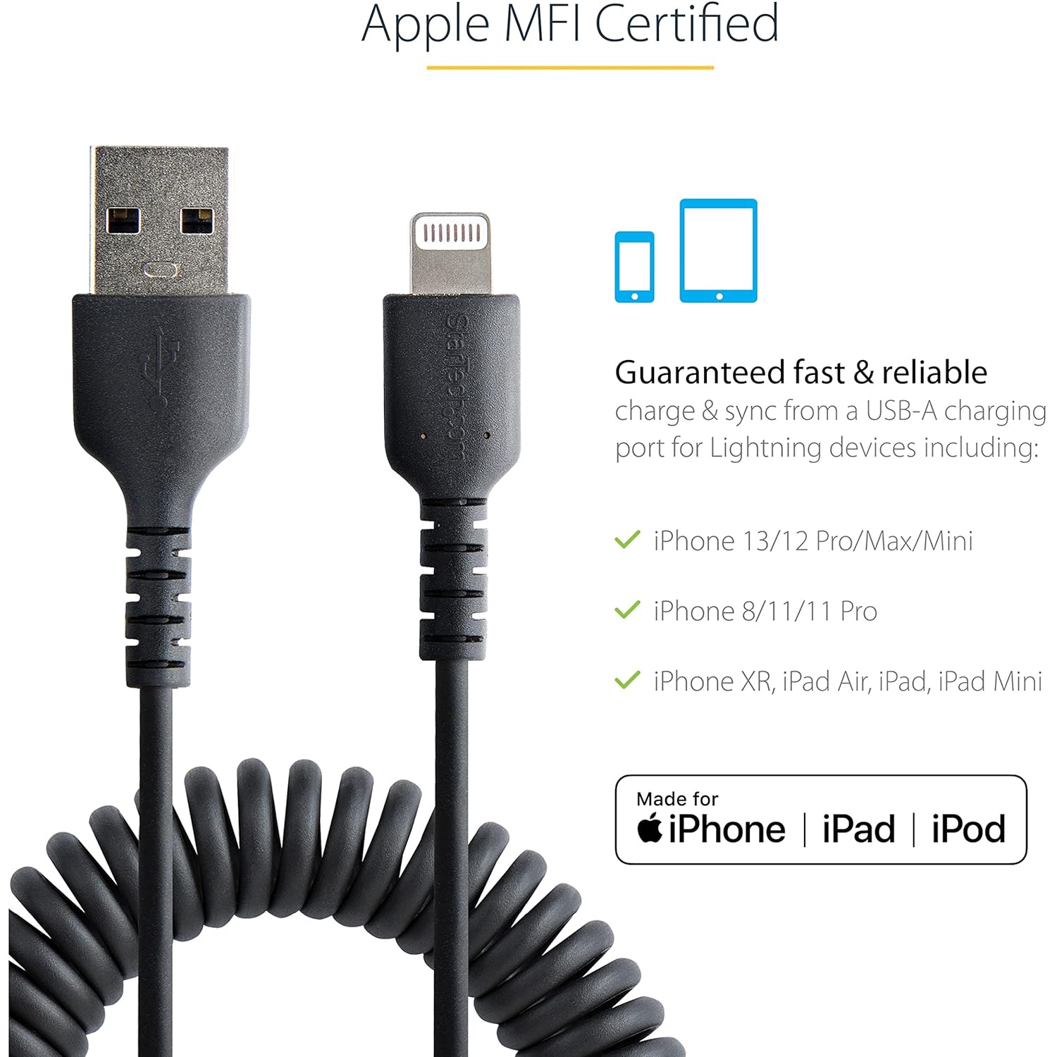 StarTech.com Coiled USB-A to Lightning Cable, MFi Certified, Durable TPE Jacket, Aramid Fiber Reinforced