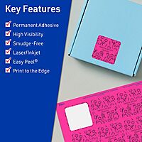 Avery Printable Square Labels, Sure Feed Technology, 2" x 2", Neon Magenta, Print-to-the-Edge, Laser/Inkjet