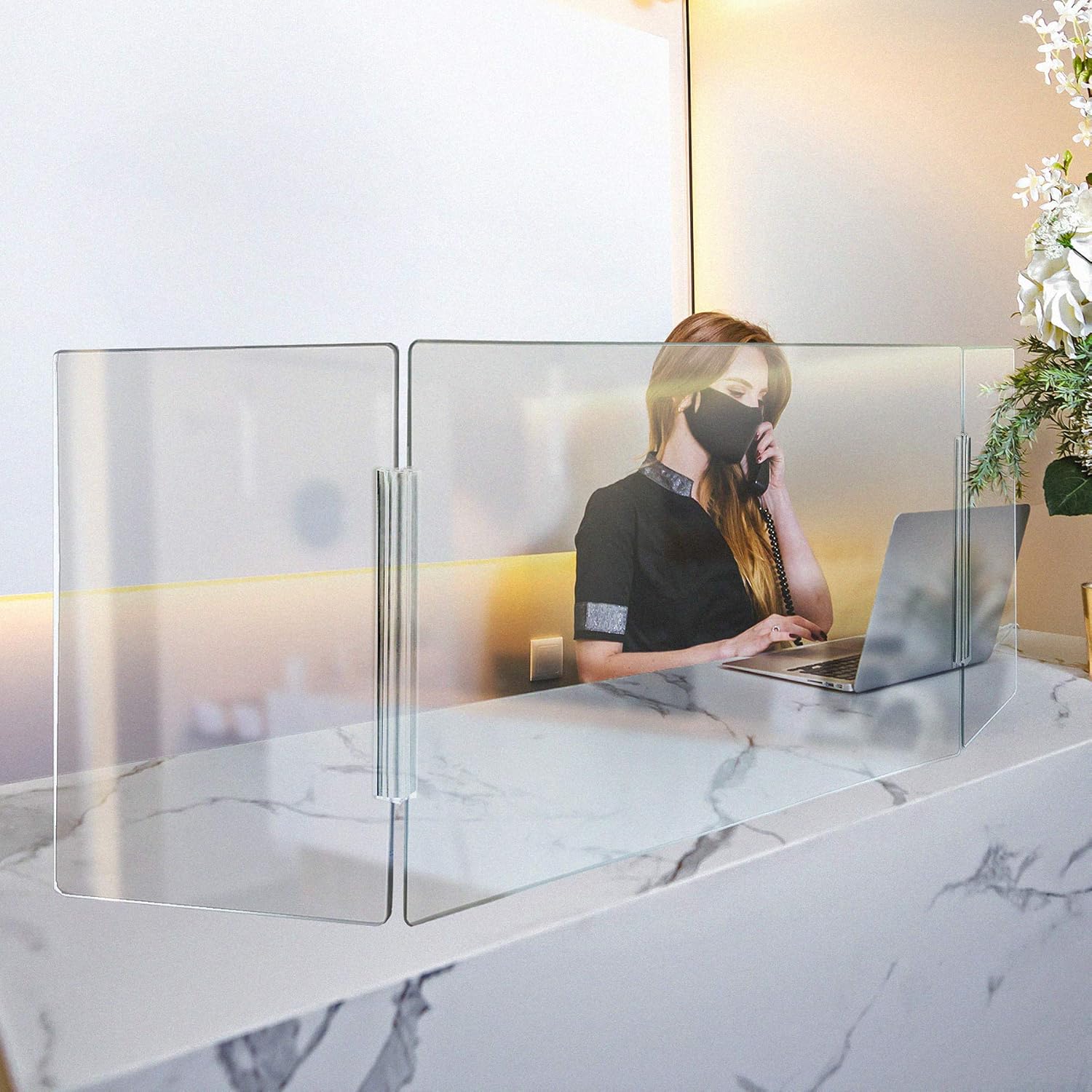 Azar Displays Tri-Fold Protective Sneeze Guard for Counter and Desk - Portable Plexiglass Barrier