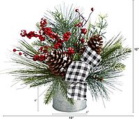 Nearly Natural 12in. Frosted Pinecones and Berries Artificial Arrangement in Vase with Decorative Plaid Bow