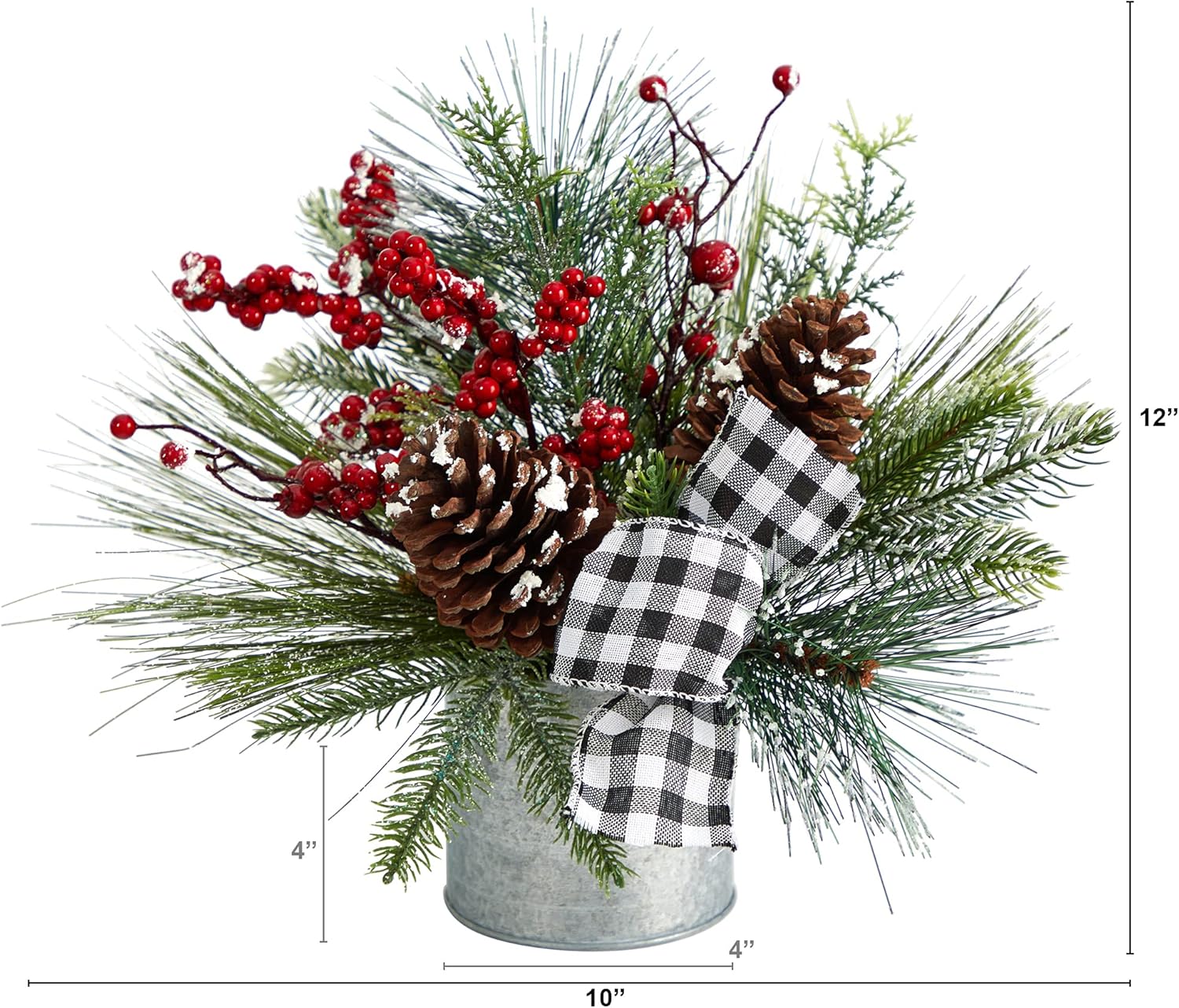 Nearly Natural 12in. Frosted Pinecones and Berries Artificial Arrangement in Vase with Decorative Plaid Bow