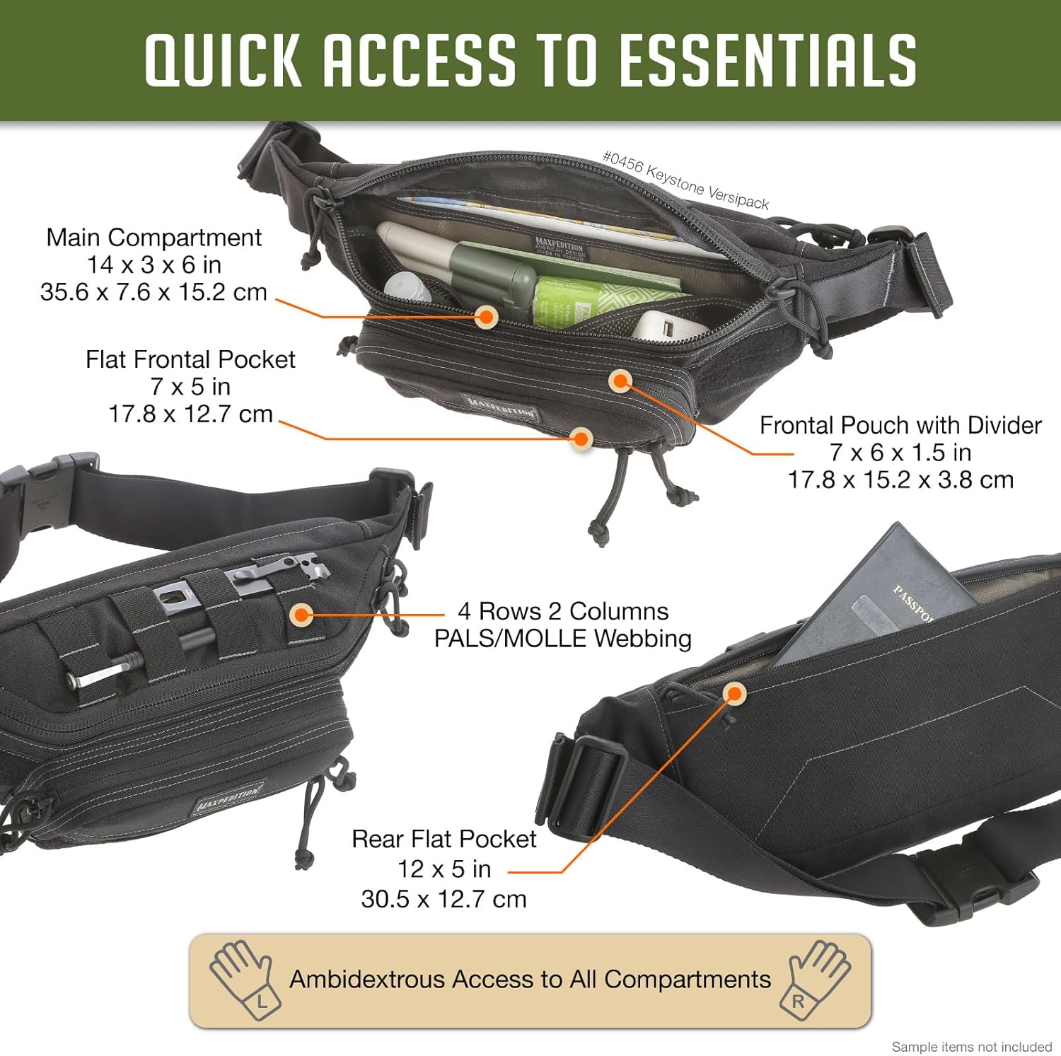 Maxpedition Keystone Versipack (14” x 6” x 6”) Tactical Crossbody Fanny Pack for Everyday Carry (Black) 0456B