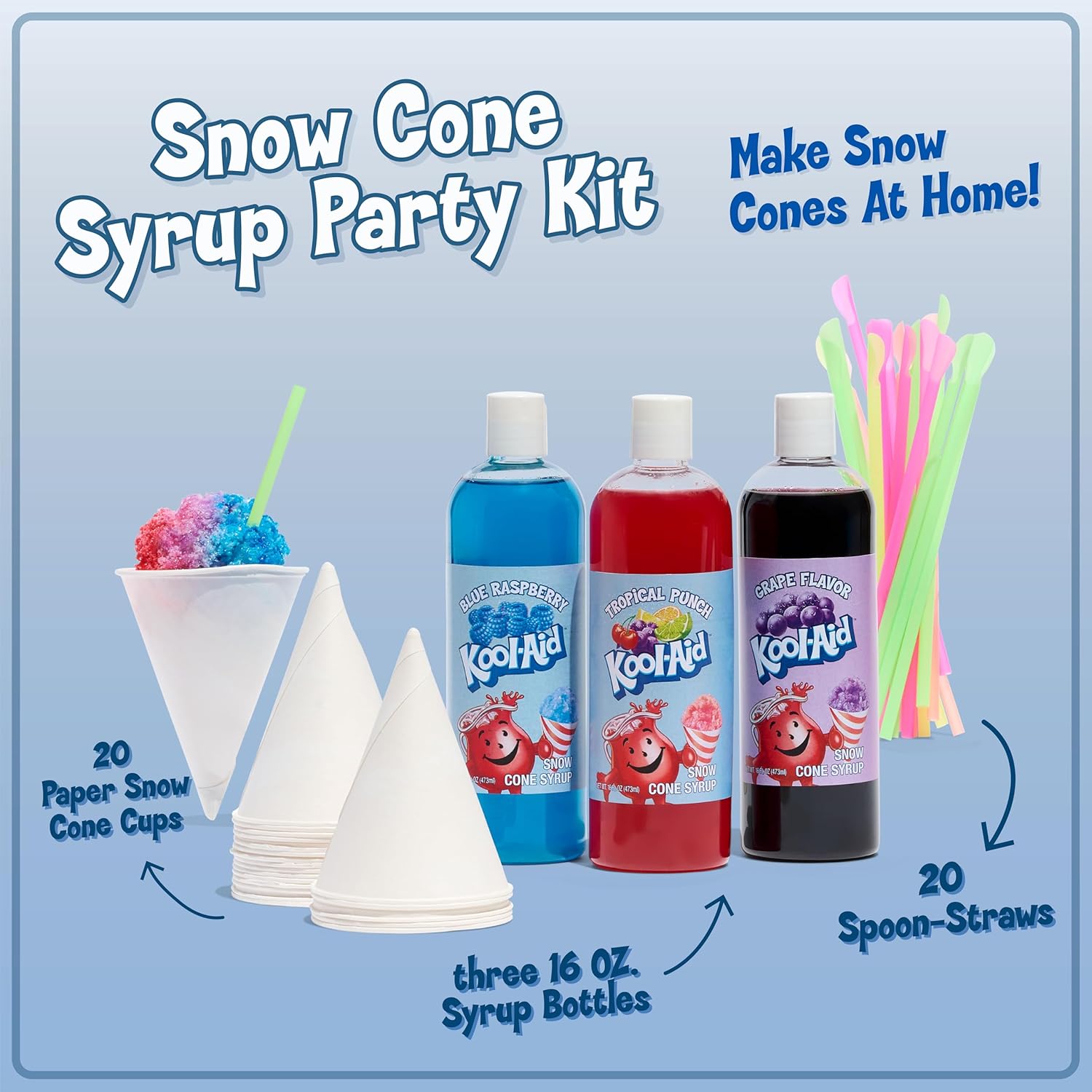 NOSTALGIA Snow Cone Syrup Party Kit with Cups and Spoon-Straws