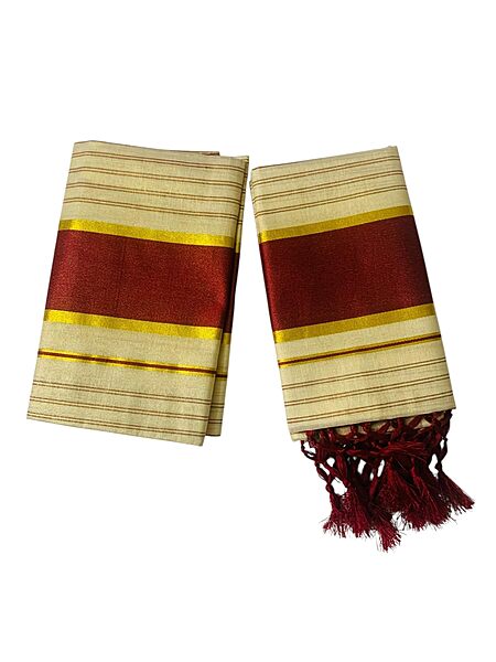 Women's Kuthampully Kerala Kasavu Set mundu Tissue with Kunjam | Kerala Tissue set mundu latest collections | Kuthampully Stripe Kasavu set mundu - Multi Color KTM-901 (Maroon)