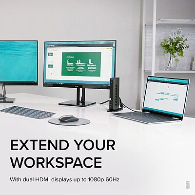 Plugable USB 3.0 and USB-C Universal Laptop Docking Station with 2 HDMI Ports for Windows, Mac (Driver Required)