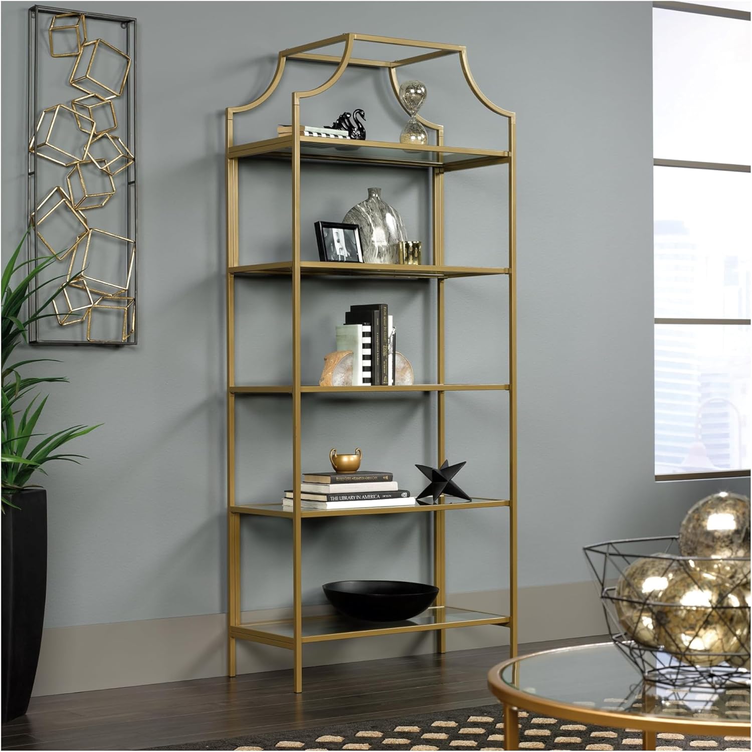 Sauder International Lux 71inH 5-Shelf Bookcase, Satin Gold