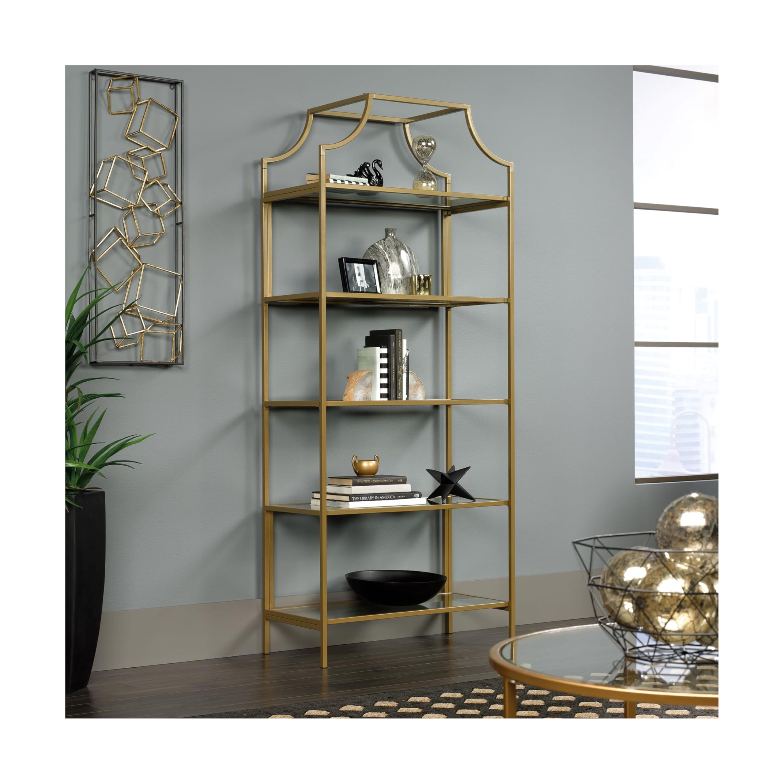 Sauder International Lux 71inH 5-Shelf Bookcase, Satin Gold
