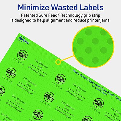 Avery Printable Rectangle Labels, Sure Feed Technology, 1\" x 2-1/2\", Neon Green, Laser/Inkjet Printable