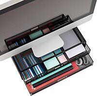 Mind Reader Monitor Stand, Ventilated Laptop Riser, Storage Drawer, Office, Metal Mesh, 15.75"L x 11.75"W x 4.5"H, Black 2 Drawers Black