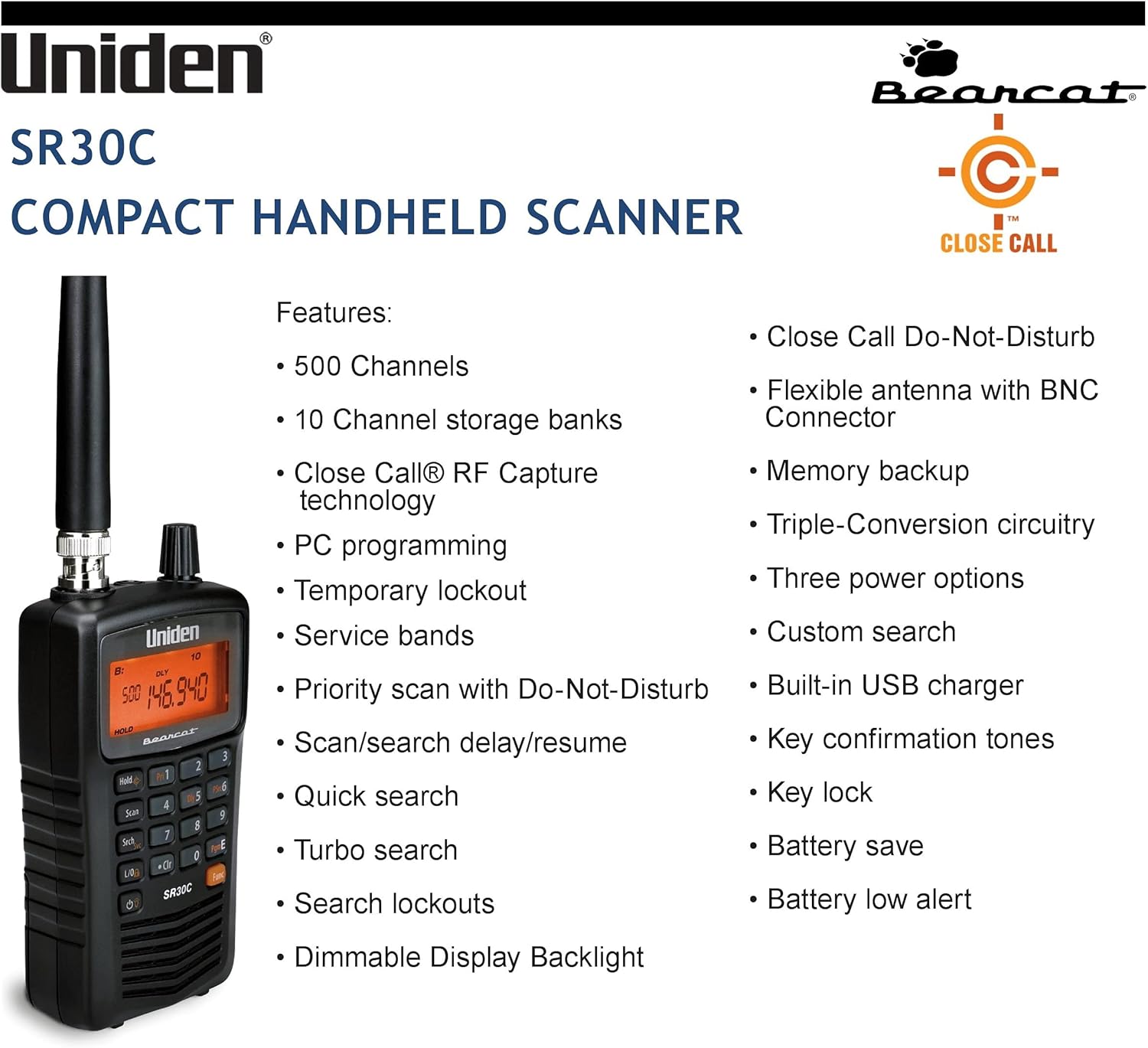 Uniden Bearcat SR30C, 500-Channel Compact Handheld Scanner, Close Call RF Capture, Turbo Search, PC programable, NASCAR