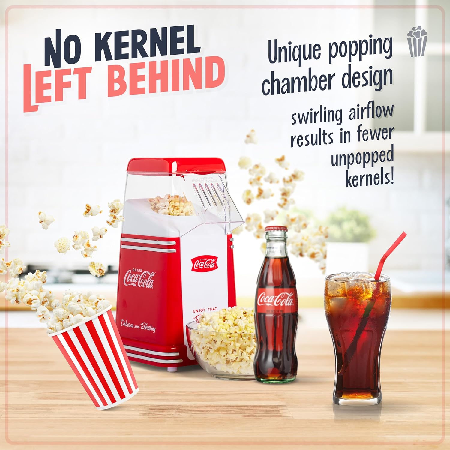 Nostalgia Electrics Coca-Cola Hot-Air Electric Popcorn Maker, 8 Cups, Healthy Oil Free Popcorn with Measuring Scoop