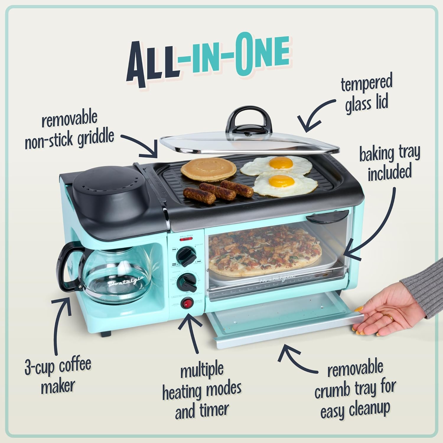 Nostalgia 3-in-1 Breakfast Station - Coffee Maker, Non-Stick Griddle, 4-Slice Toaster Oven