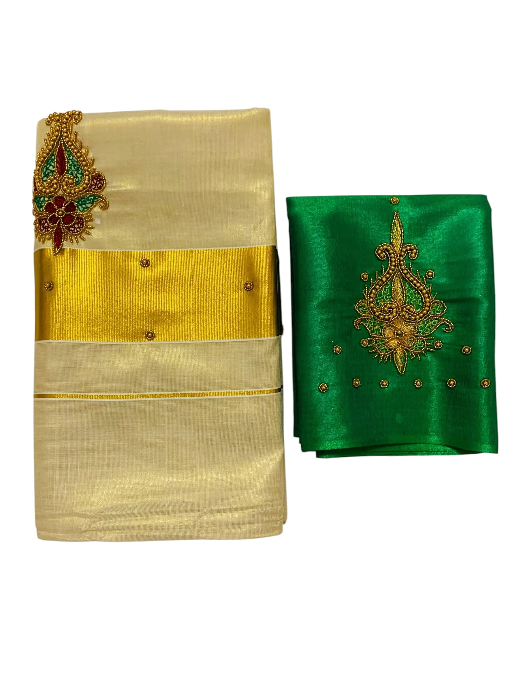 Kuthampully Kerala Kasavu Sarees For Women | Handcrafted Aari work Kerala Sarees | Tissue Onam Saree With Running Blouse | South Indian Sarees | Onam Saree EKM-836 (Green)