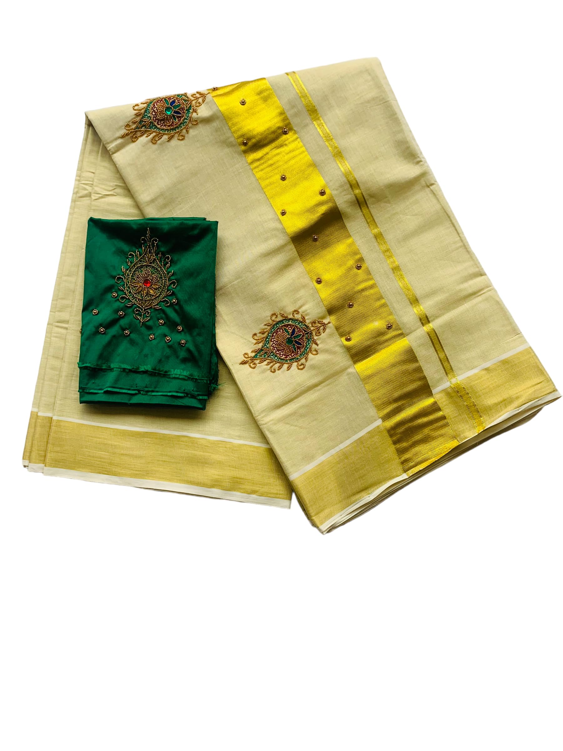 Kuthampully Kerala Kasavu Sarees For Women | Handcrafted Aari work Kerala Sarees | Tissue Onam Saree With Running Blouse | South Indian Sarees | Onam Saree EKM-806-Green