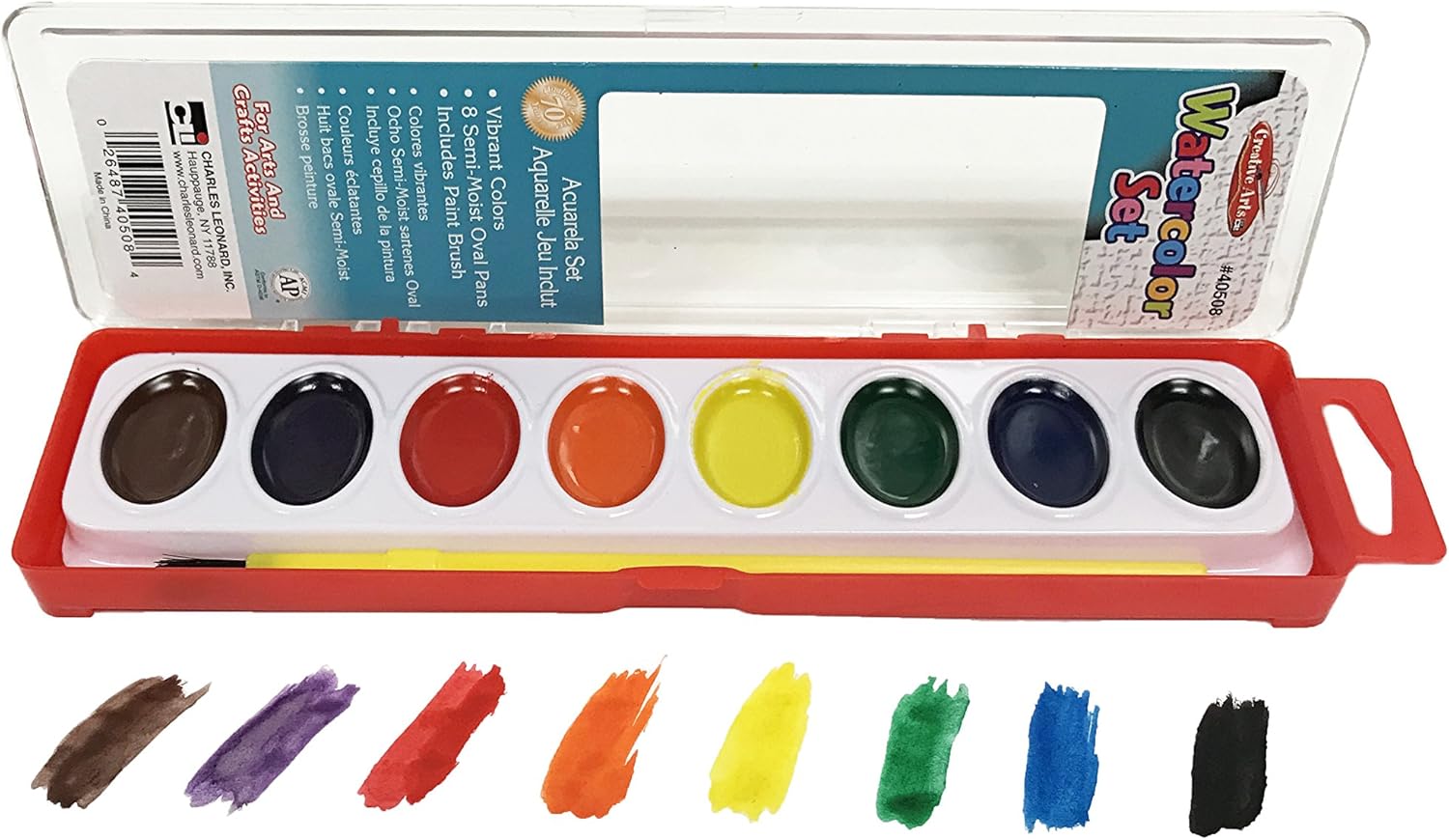 Charles Leonard Creative Arts Watercolor Paint Pan Kit Class Pack, 8 Assorted Colors, 1 Oz Palette Tray, 36 Kits/Box (40536)