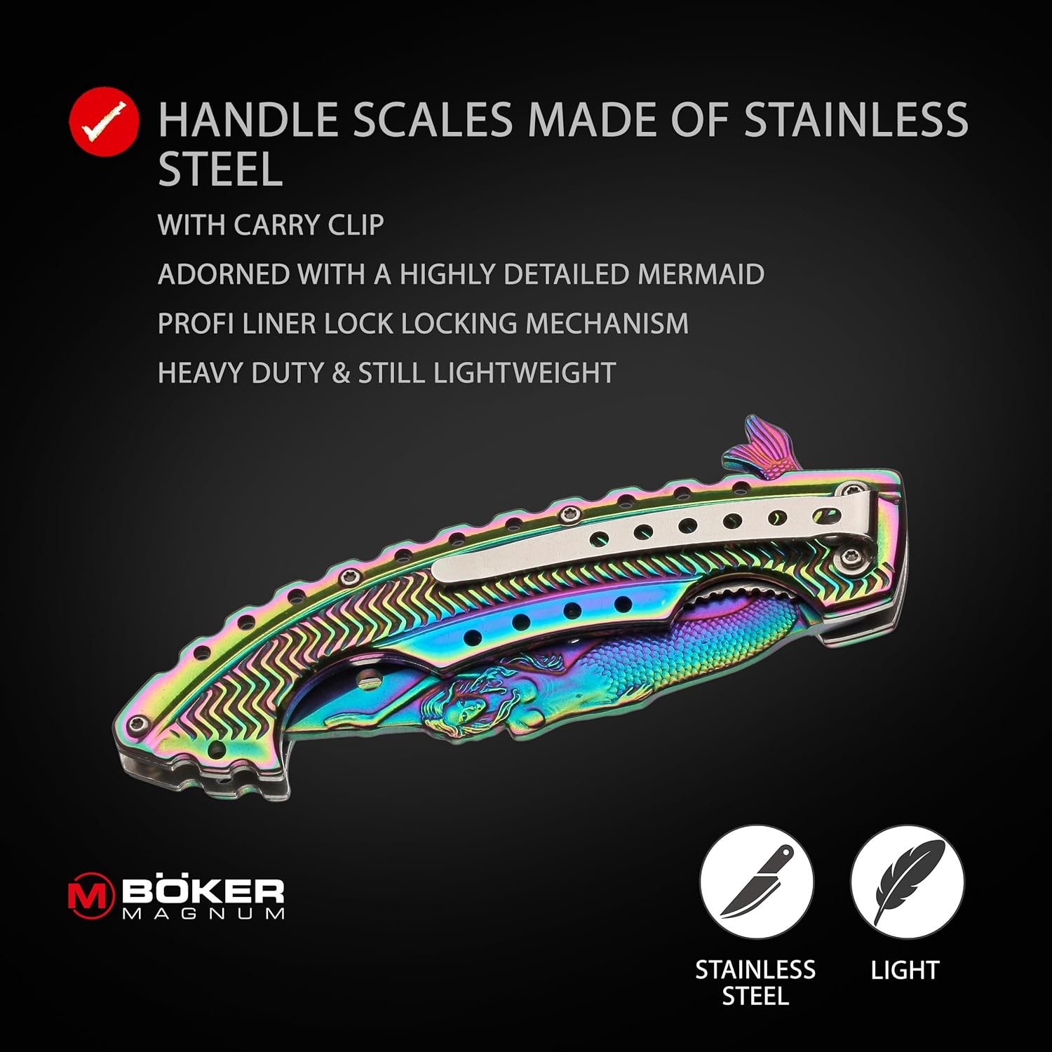 Boker 01LG318 Rainbow Mermaid Folding Knife with 440A Stainless Steel Blade, 3-1/4", Magnum