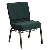 Flash Furniture HERCULES Series 21''W Church Chair in Hunter Green Dot Patterned Fabric with Book Rack - Gold Vein Frame