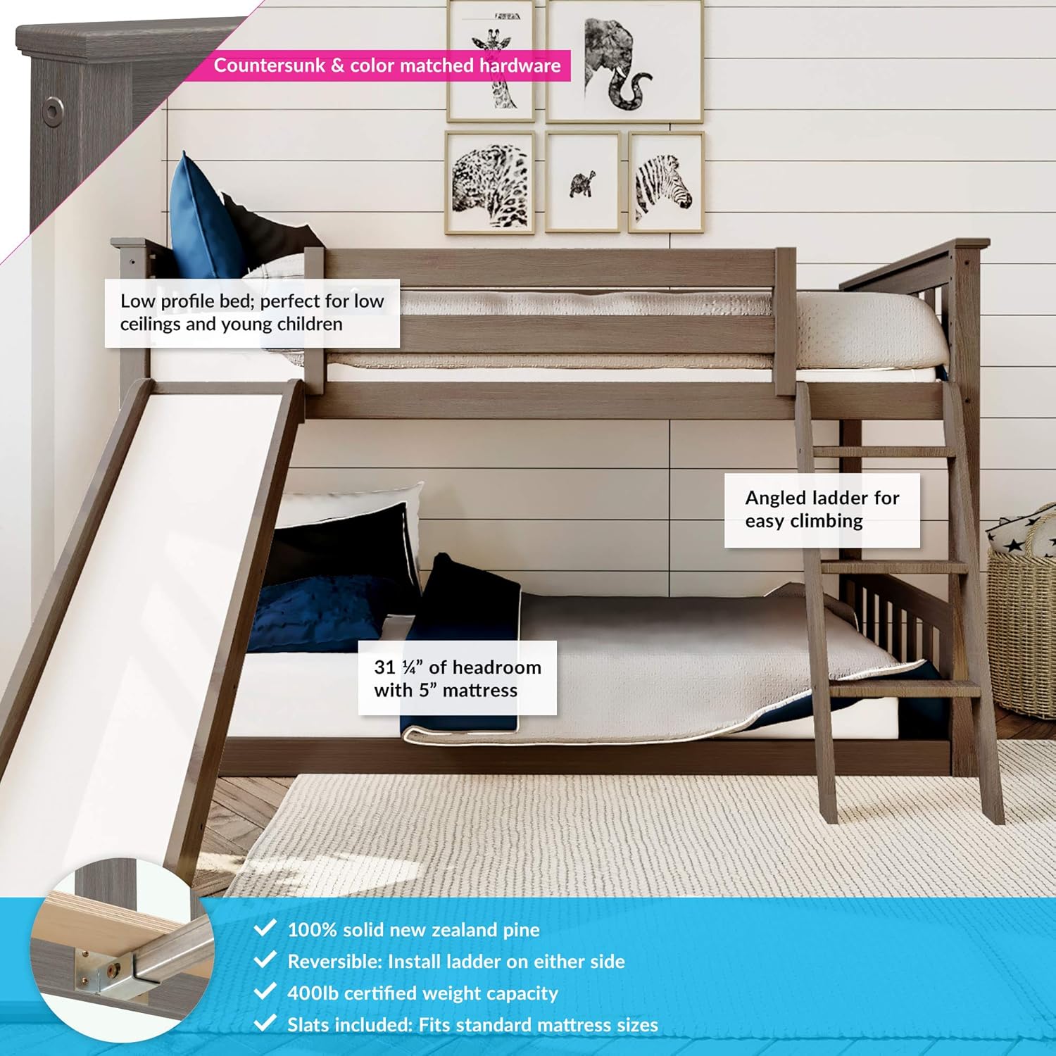 Twin Over Twin Low Bunk Bed with Slide and Ladder – White Finish