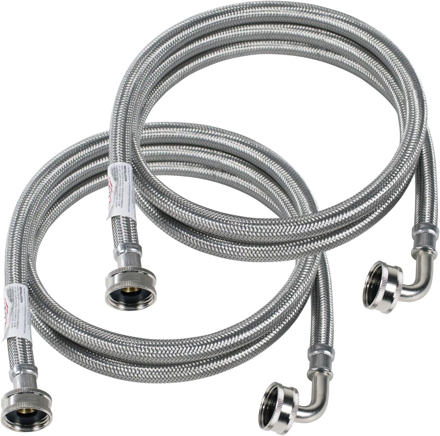 Certified Appliance Accessories Washing Machine Hose with 90 Degree Elbow (2 Pack), Hot and Cold Water Supply Lines, 5 Feet