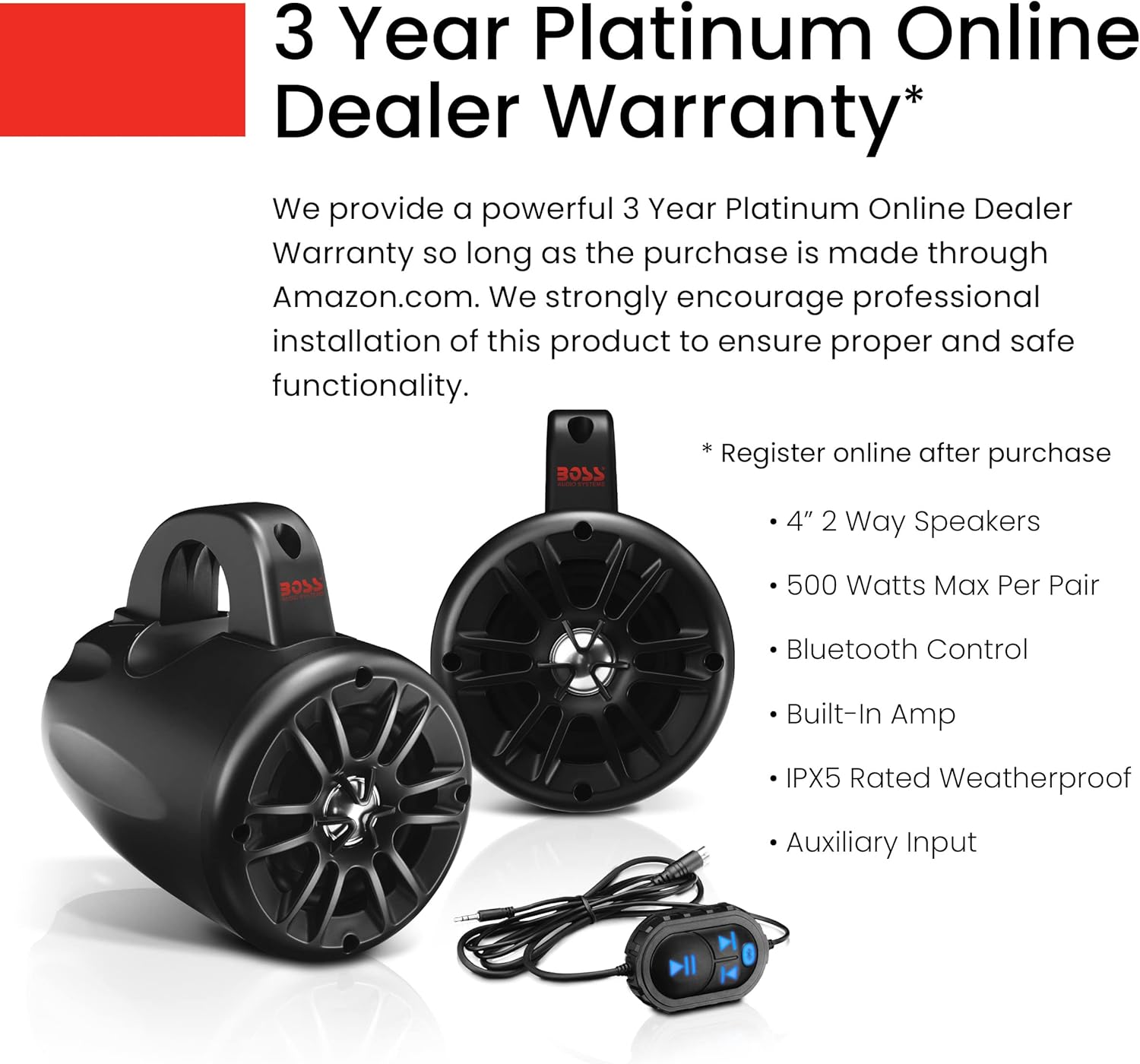 BOSS Audio Systems BM40AMPBT ATV UTV Waketower Speaker System - Bluetooth, 500 Watts of Power Per Pair, 4 Inch Woofer