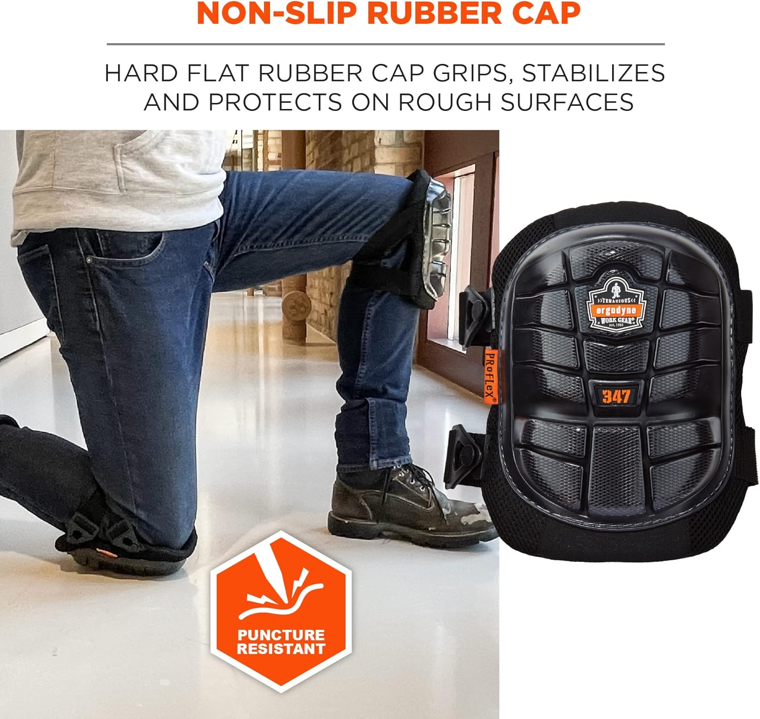 Ergodyne ProFlex 347 Professional Knee Pads, Protective Long Cap, Lighweight Gel Padded Technology, Adjustable Straps, Black