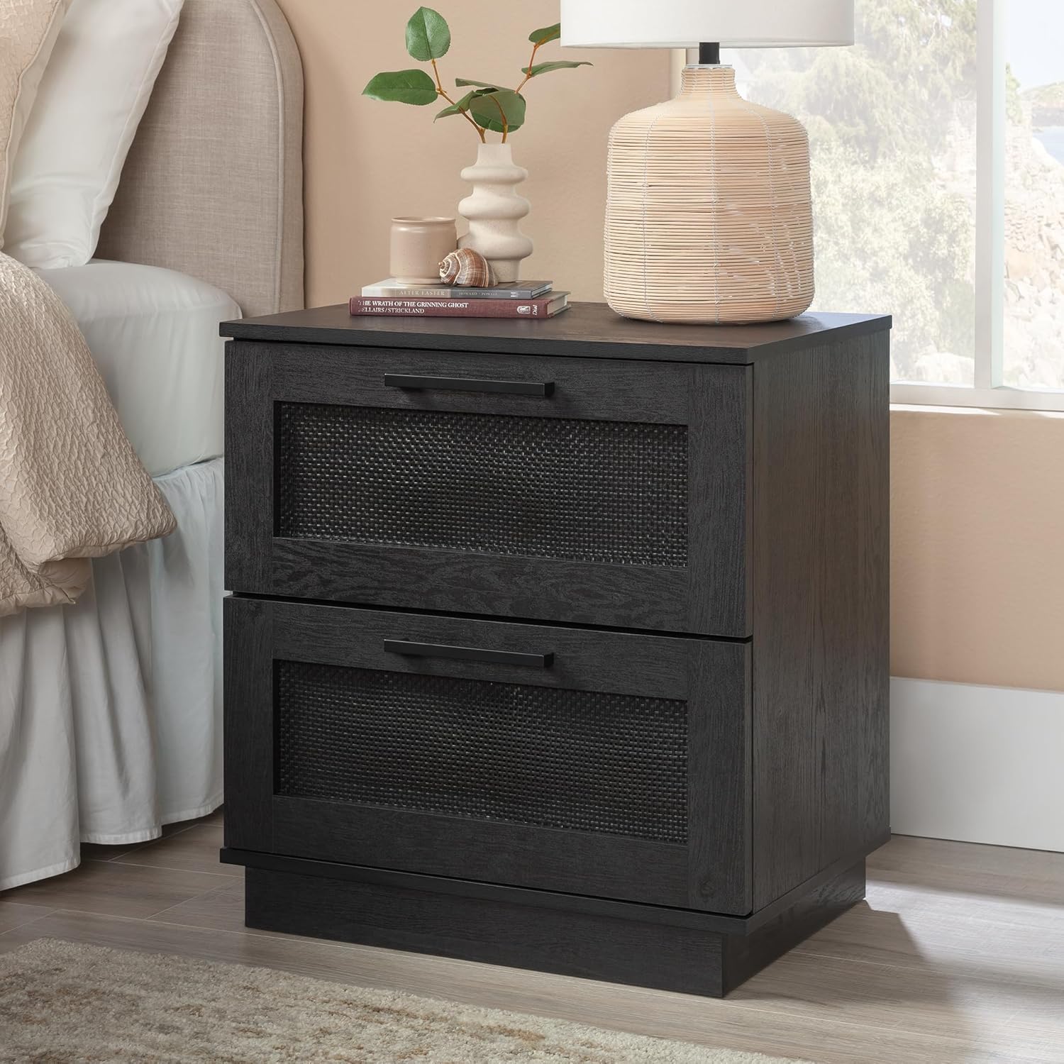Sauder Tiffin Line Rattan 2-Drawer Nightstand Side Table, 24-5/8inH x 23-1/2inW x 15-3/4inD, Raven Oak