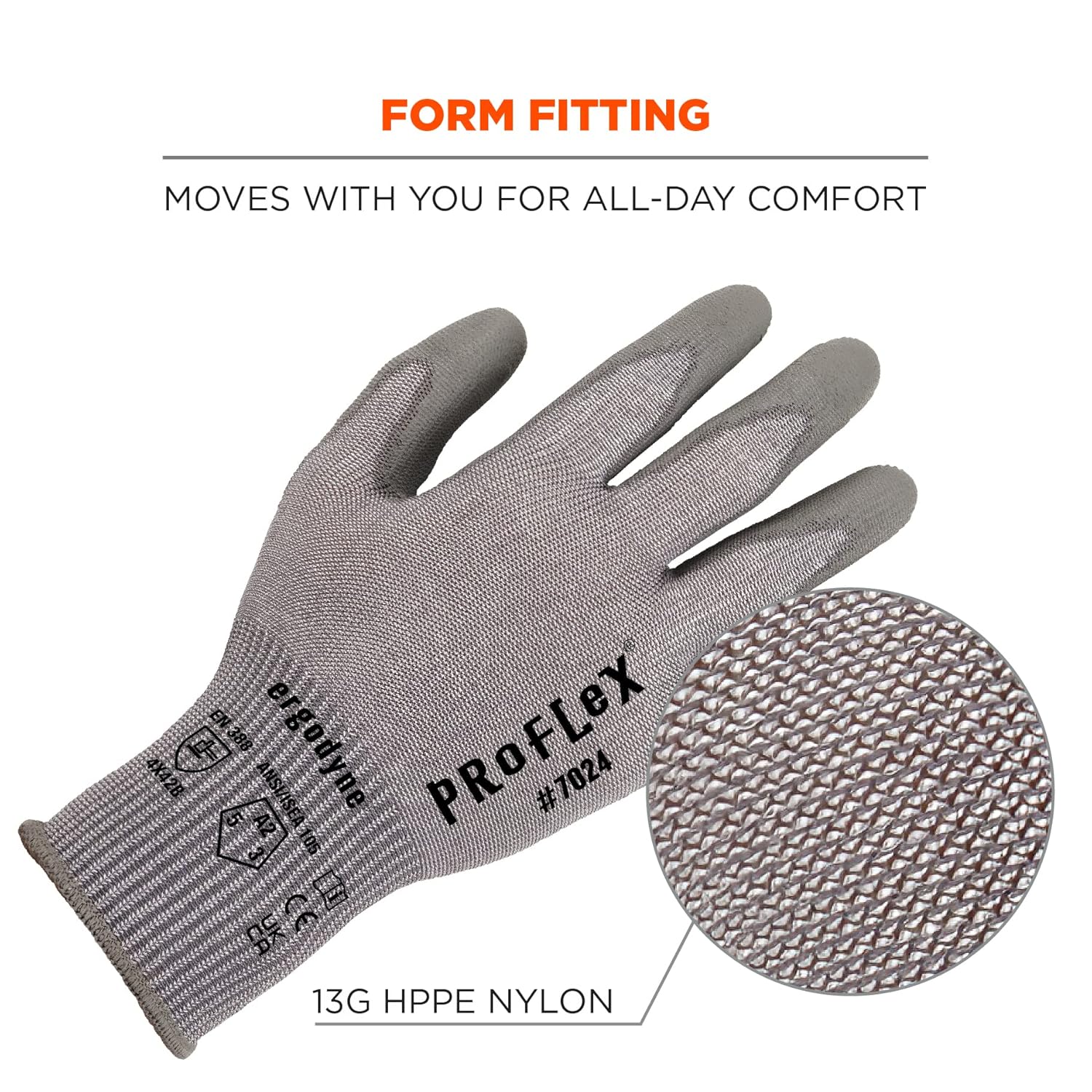 Ergodyne ProFlex 7024 Cut Resistant Work Gloves, PU Coated, 13-Gauge, ANSI A2, Touchscreen-Capable
