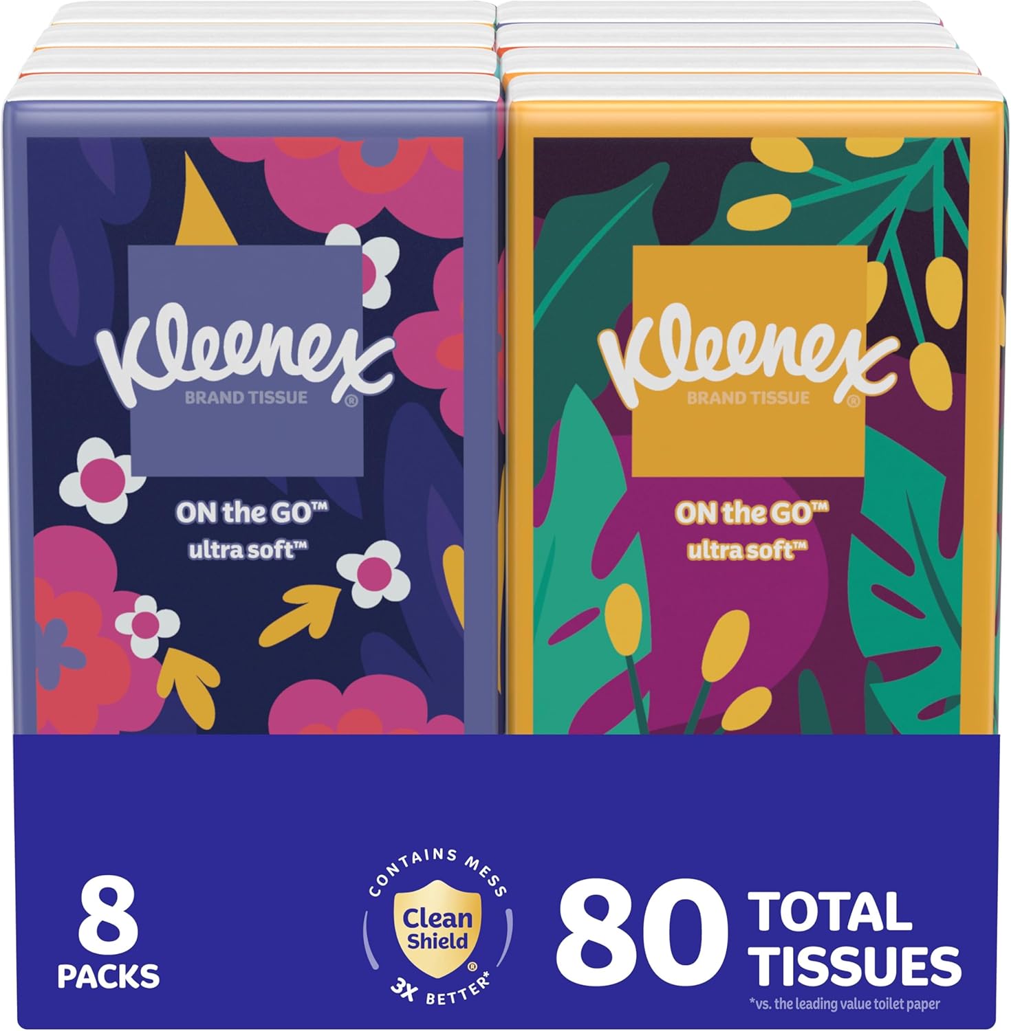 Kleenex On-The-Go Facial Tissues, 8 On-The-Go Packs, 10 Tissues per Box, 3-Ply (80 Total)