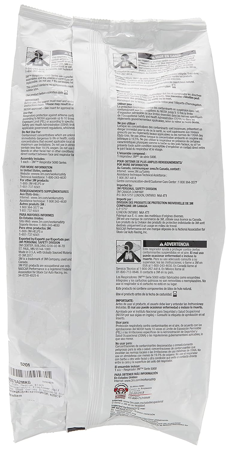 3M 5201 Medium Black Thermoplastic Elastomer Half Mask 5000 Series Disposable Air Purifying Respirator with 4 Point Harness