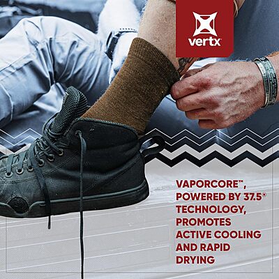 VERTX VaporCore Mens Crew Socks, Merino Wool Moisture Wicking with Odor Control