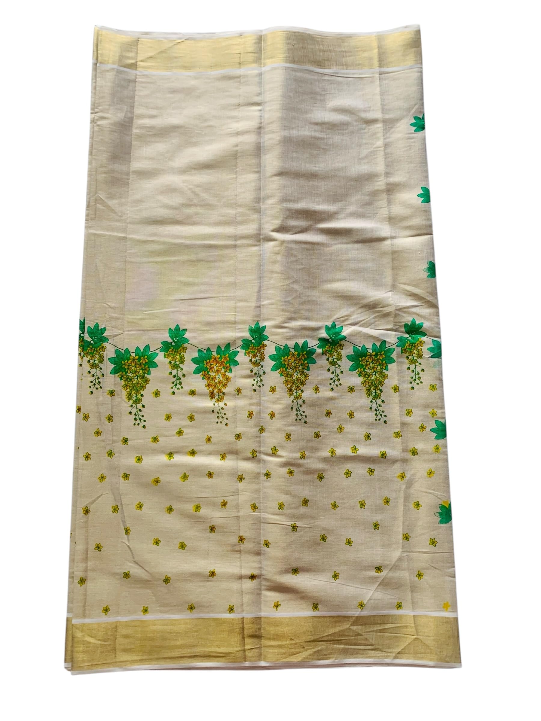 Women's Kuthampully Kerala Kasavu Saree with Running Blouse Tissue Mural hand Printed Vishu Kanikonna EKM-868