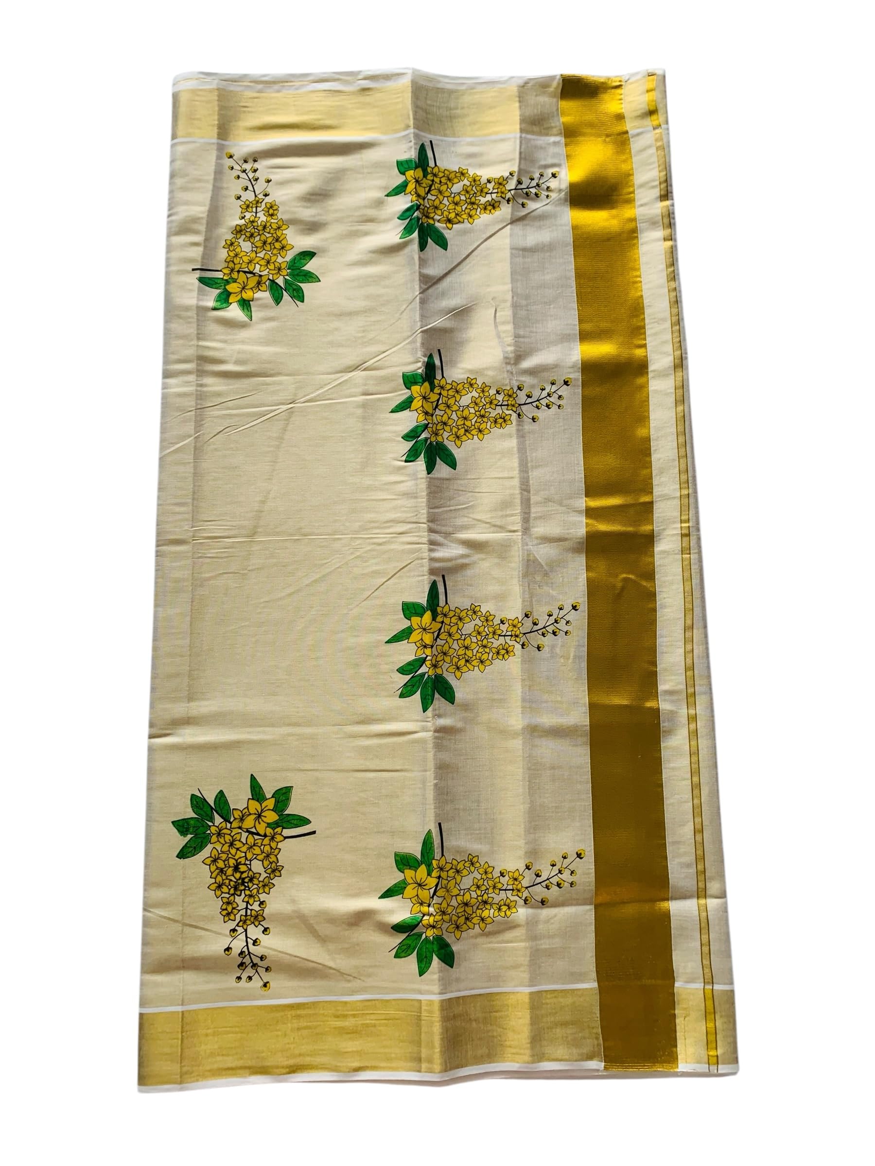 Women's Kuthampully Kerala Kasavu Saree with Running Blouse Golden Tissue Mural Painted Vishu Kanikonna EKM-461
