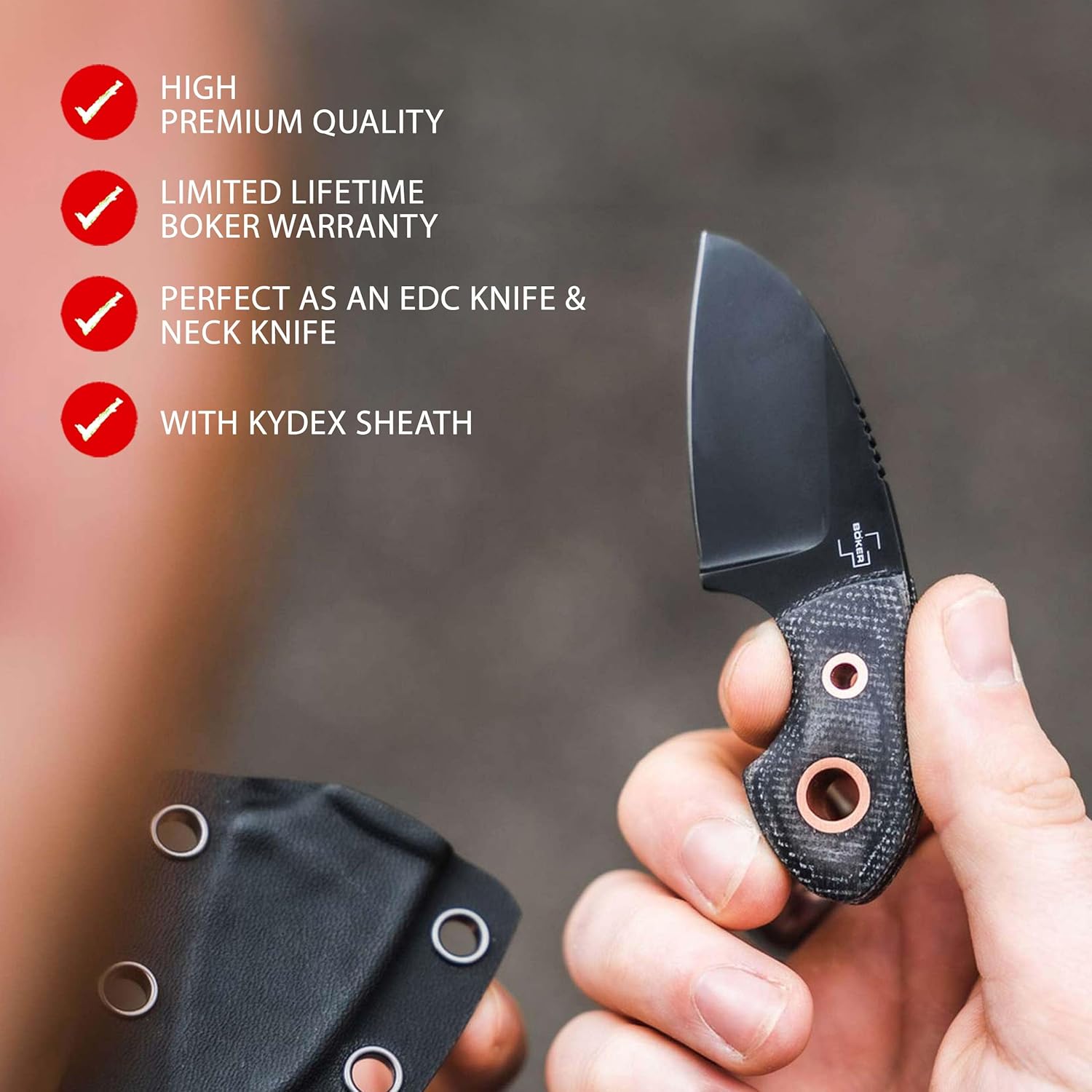 BÖKER PLUS Gnome all Black Copper - small fixed EDC knife with micarta handle - fixed blade knife with D2 blade