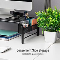 Mind Reader Monitor Stand, Ventilated Laptop Riser, Desktop Organizer, Side Storage, Metal Mesh, 20" L x 11.5" W x 5.5" H, Black (Pack of 2)