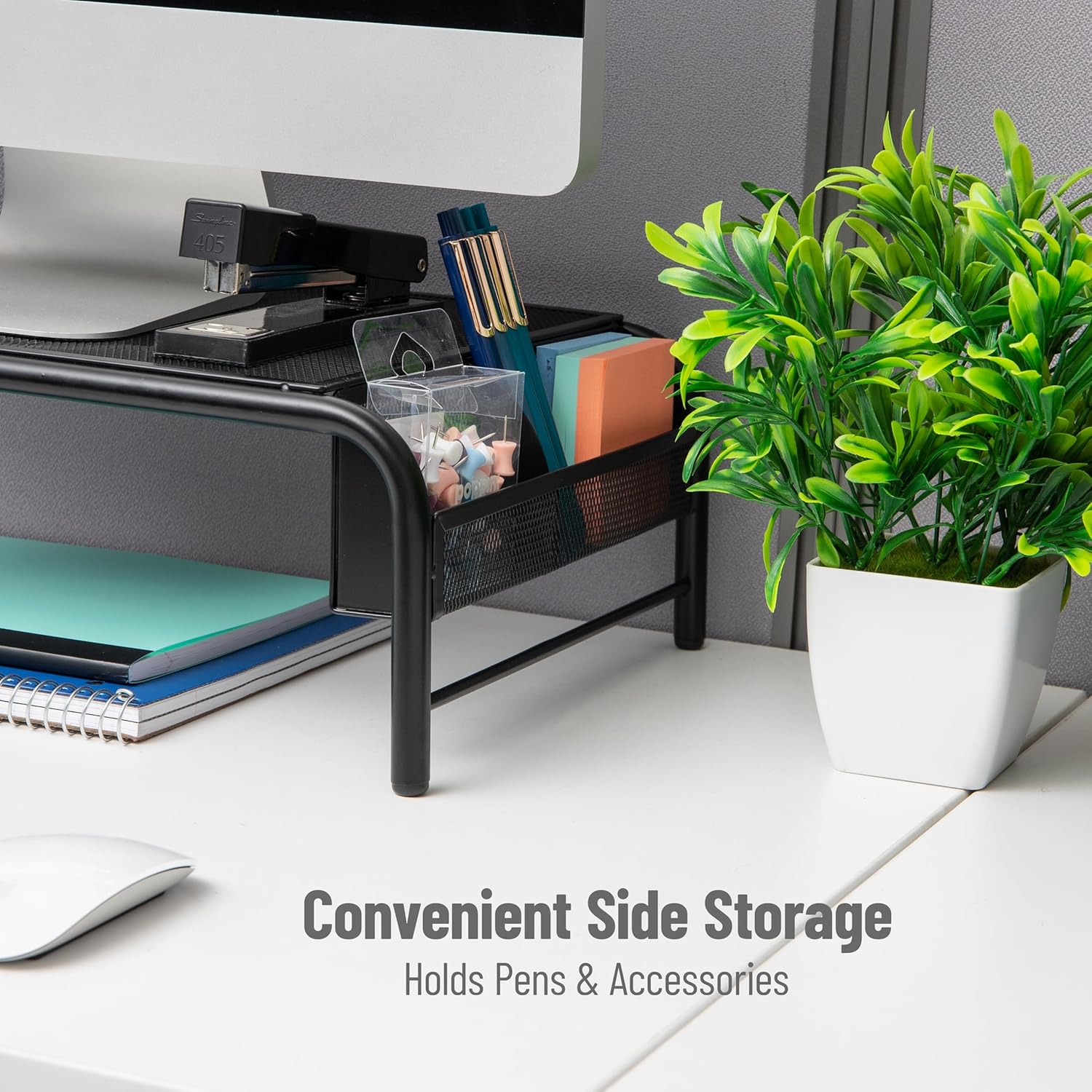 Mind Reader Monitor Stand, Ventilated Laptop Riser, Desktop Organizer, Side Storage, Metal Mesh, 20" L x 11.5" W x 5.5" H