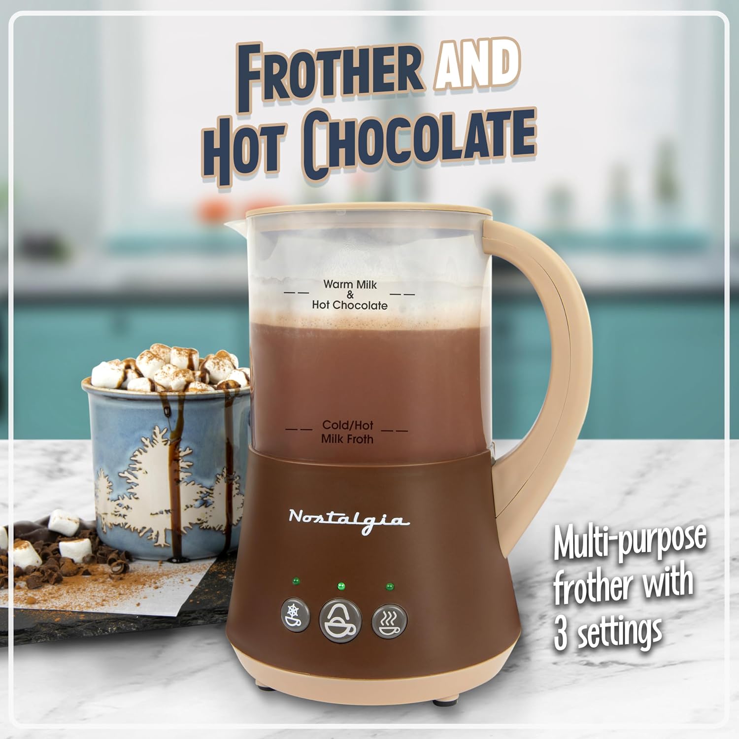 Nostalgia 32 Oz Frother and Hot Chocolate Maker, Warm or Cold Milk Foam, Includes Cocoa Bomb Mold, for Coffees, Lattes