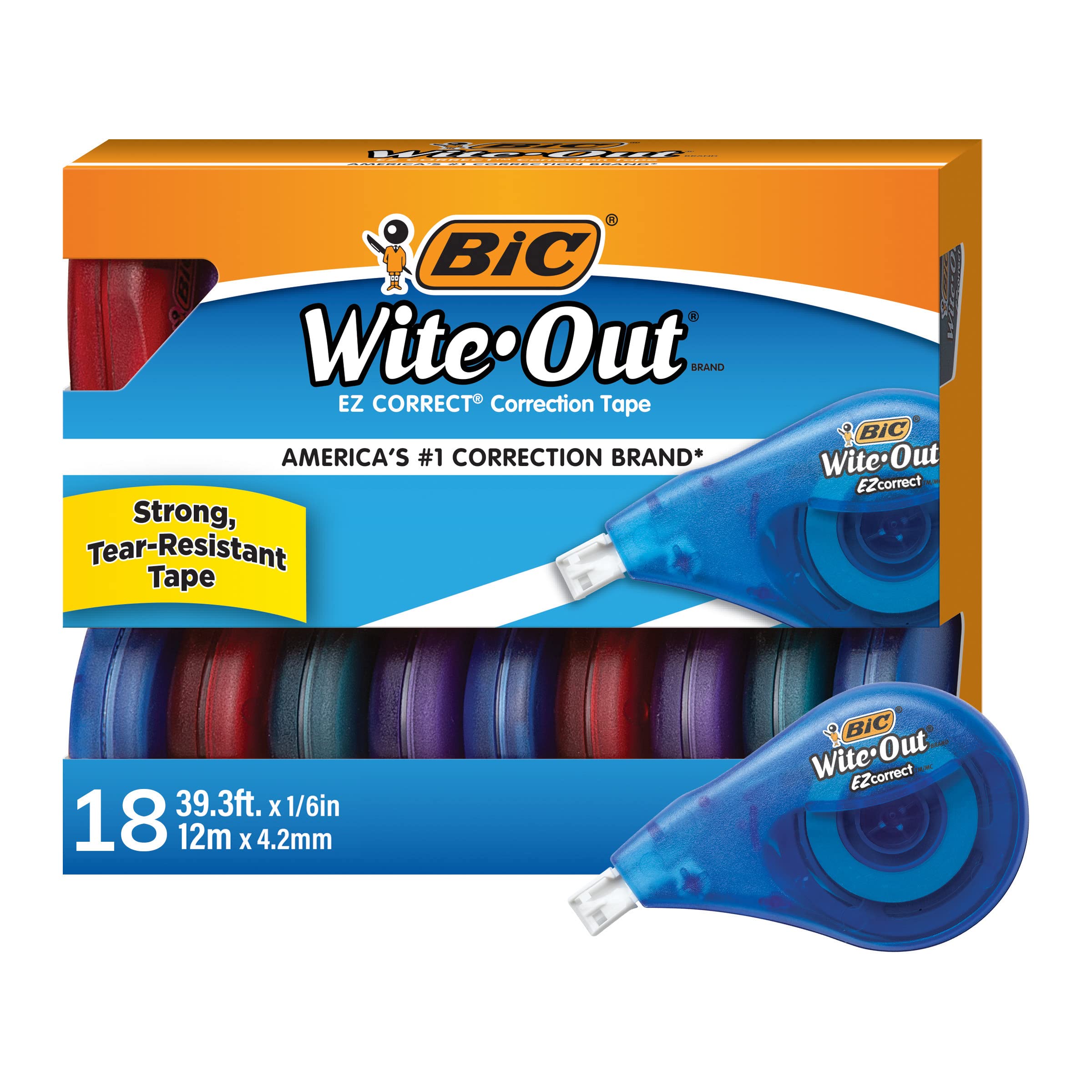 BIC Wite-Out Brand EZ Correct Correction Tape, Applies Dry, 18-Count, Translucent Dispenser Shows How Much Tape is Remaining